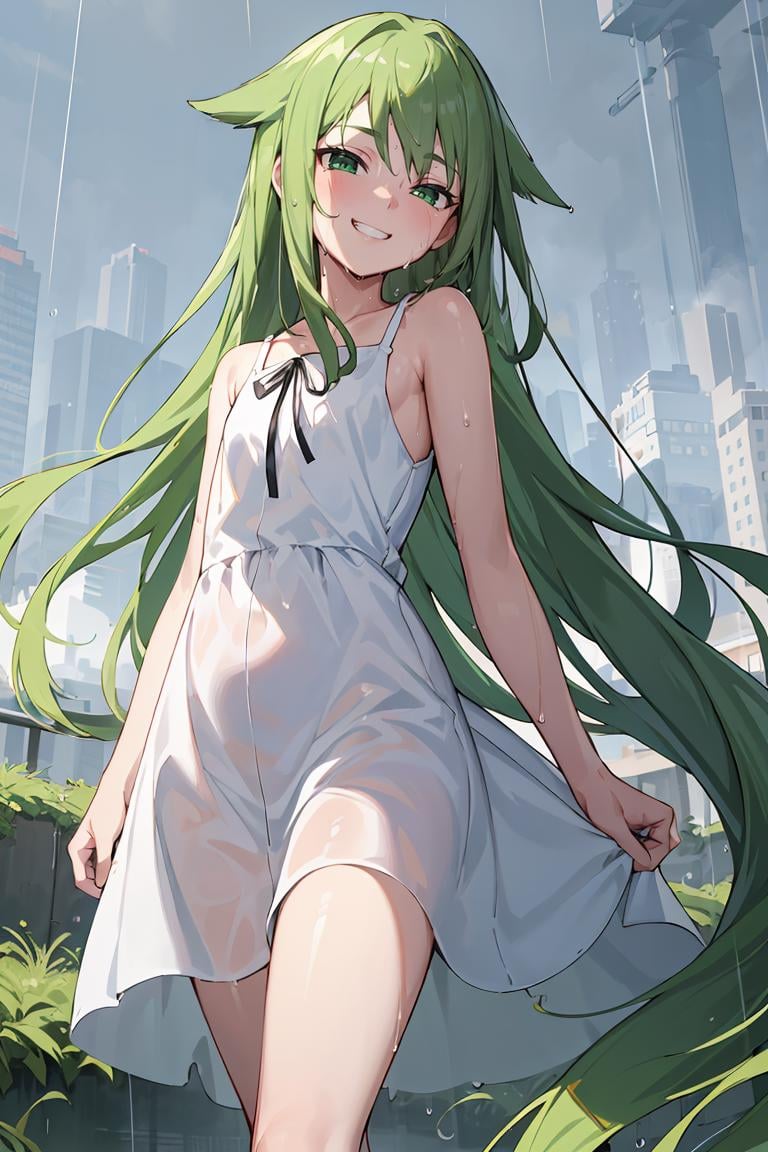 masterpiece, best quality,ultra-detailed , glistening shiny, glowing light, ray tracing, HDR, deph of field, (perfect face, detailed face),   <lora:SayaVN:0.8>, sayavn, very long hair, green hair, hair flaps, flat chest, grin, wet skin, sundress, black ribbon, walking, rain