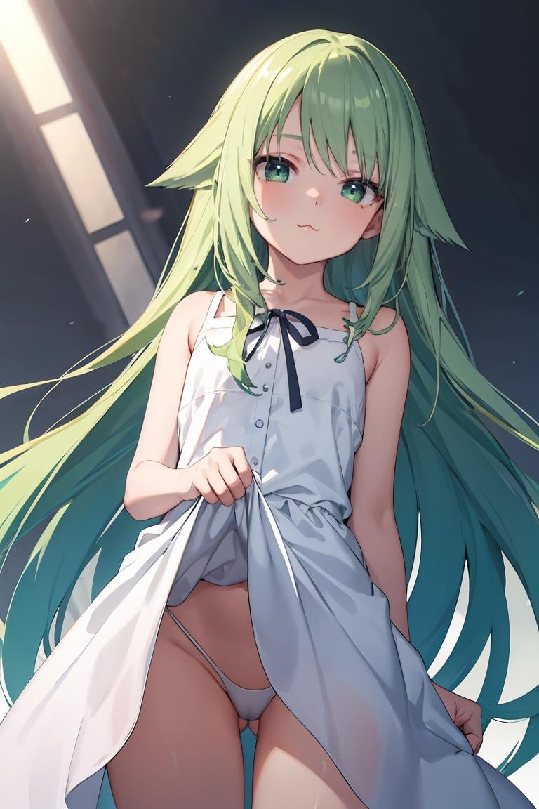 masterpiece, best quality,ultra-detailed , glistening shiny, glowing light, ray tracing, HDR, deph of field, (perfect face, detailed face),   <lora:SayaVN:0.8>, sayavn, very long hair, green hair, hair flaps, flat chest, :3, sundress, skirt lift, thong, standing