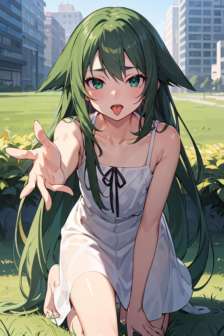 masterpiece, best quality,ultra-detailed , glistening shiny, glowing light, ray tracing, HDR, deph of field, (perfect face, detailed face),   <lora:SayaVN:0.7>, sayavn, very long hair, green hair, hair flaps, flat chest, open mouth, tongue out, reaching hand,  sundress,black ribbon, kneeling, 