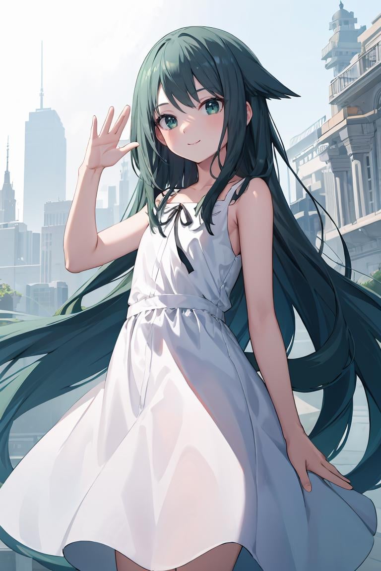 masterpiece, best quality,ultra-detailed , glistening shiny, glowing light, ray tracing, HDR, deph of field, (perfect face, detailed face),   <lora:SayaVN:1>, sayavn, very long hair, hair flaps, flat chest, smile,  sundress, black ribbon, waving, standing