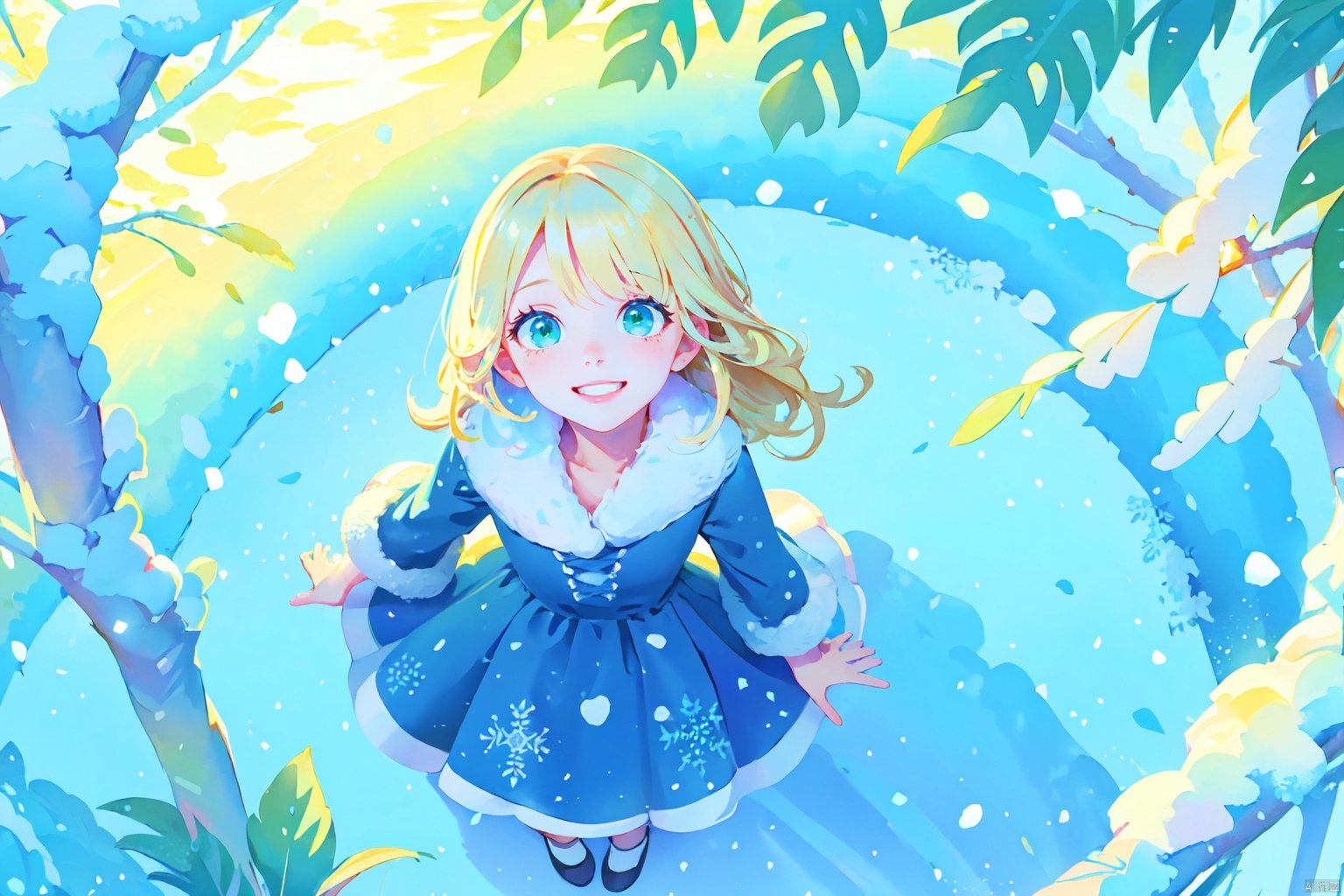  (Looking up from above), (Looking up: 1.5), under the sunlight, plants, blue dresses, standing on the snow, snowflakes, green eyes, (Snowfall, snowfall, smiling, standing, blonde hair), (Looking at the audience),watercolor \(medium\)