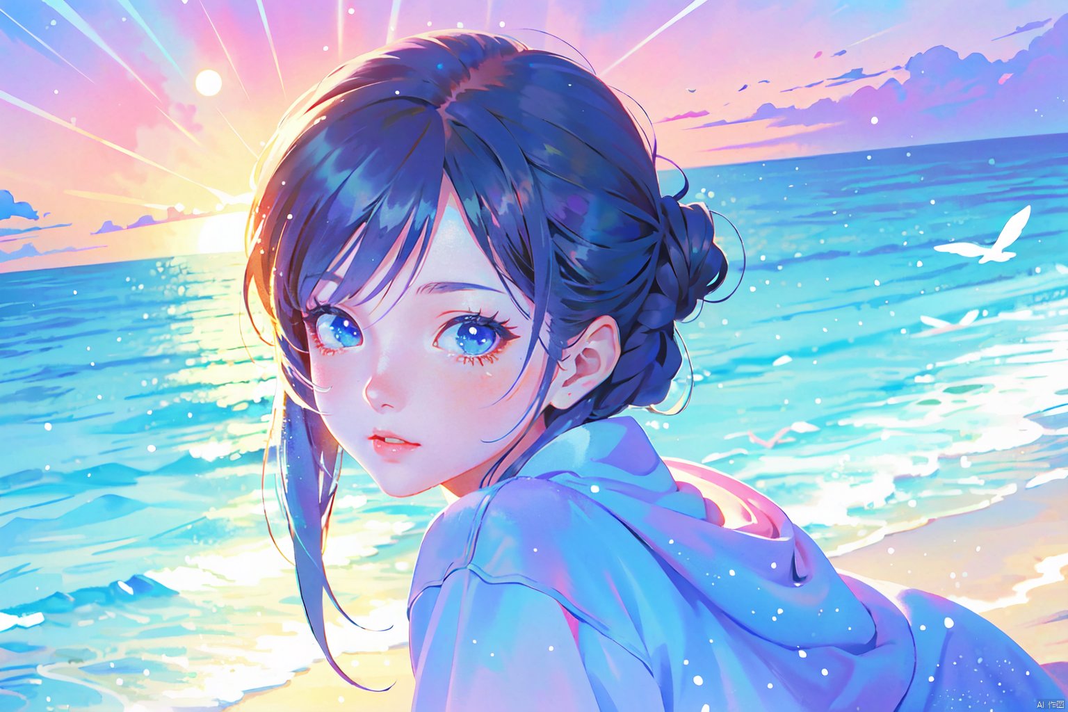  dream, masterpiece, best quality, highres, ultra high res, anime, 1 girl, evening, backlight, looking at viewer, outdoor, details eyes, details lips, beach, wallpaper forced,seagull, watercolor \(medium\)