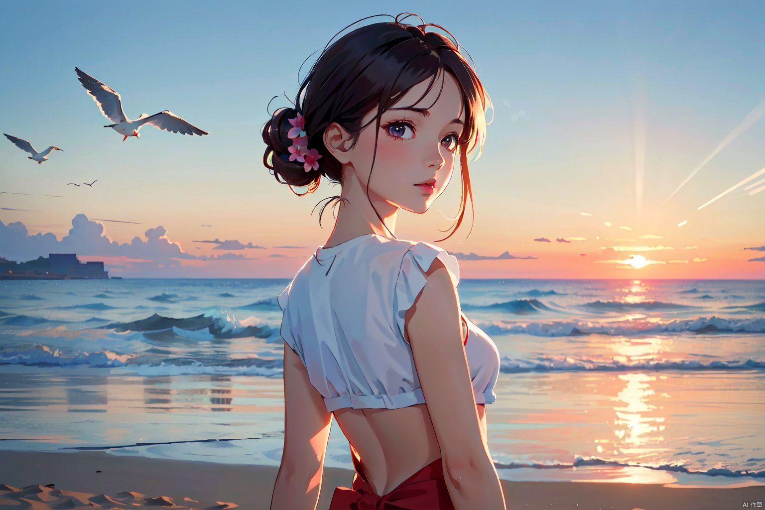 dream, masterpiece, best quality, highres, ultra high res, anime, 1 girl, evening, backlight, looking at viewer, outdoor, details eyes, details lips, beach, wallpaper forced,seagull