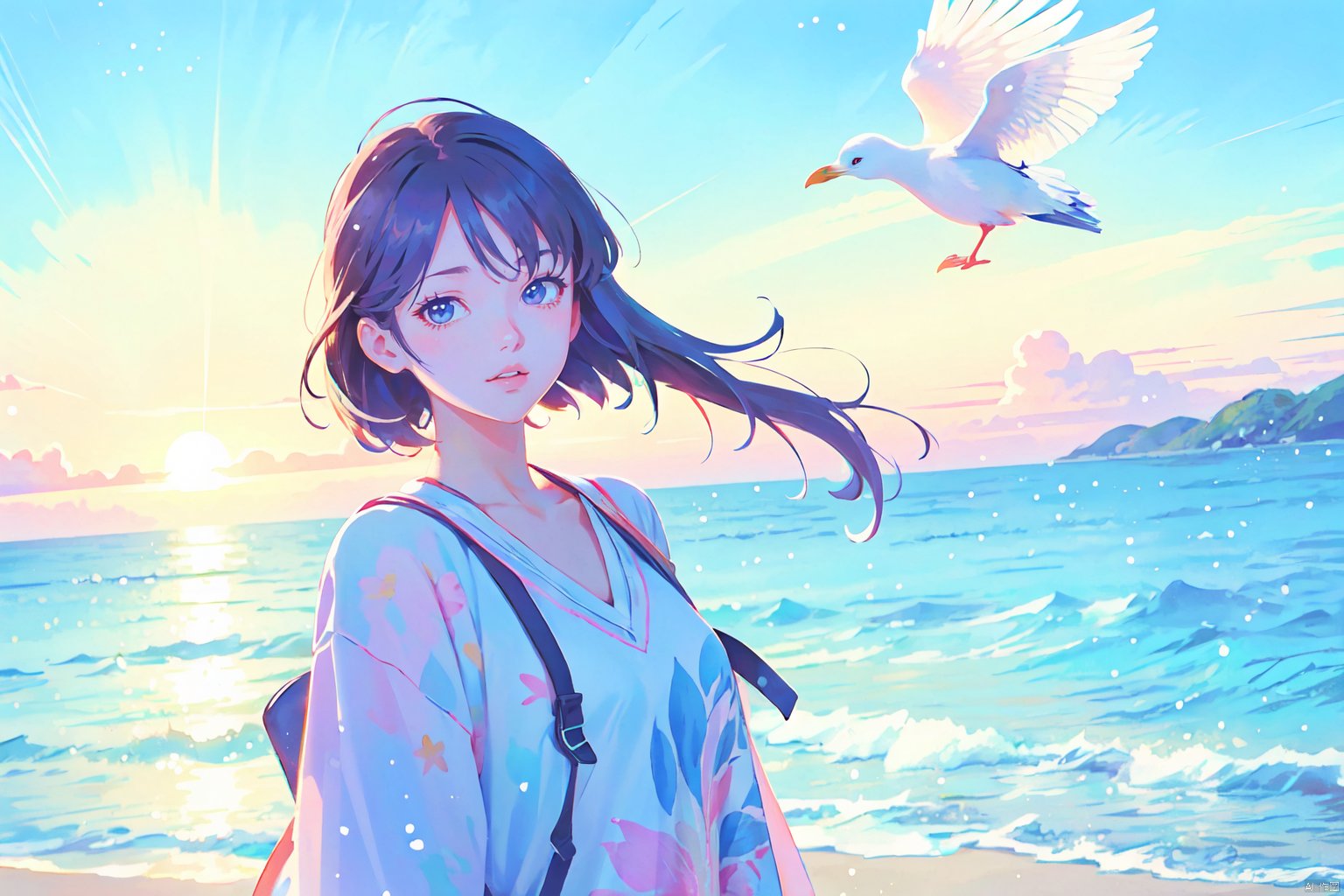  dream, masterpiece, best quality, highres, ultra high res, anime, 1 girl, evening, backlight, looking at viewer, outdoor, upper body, details eyes, details lips, beach, wallpaper forced,seagull, watercolor \(medium\)