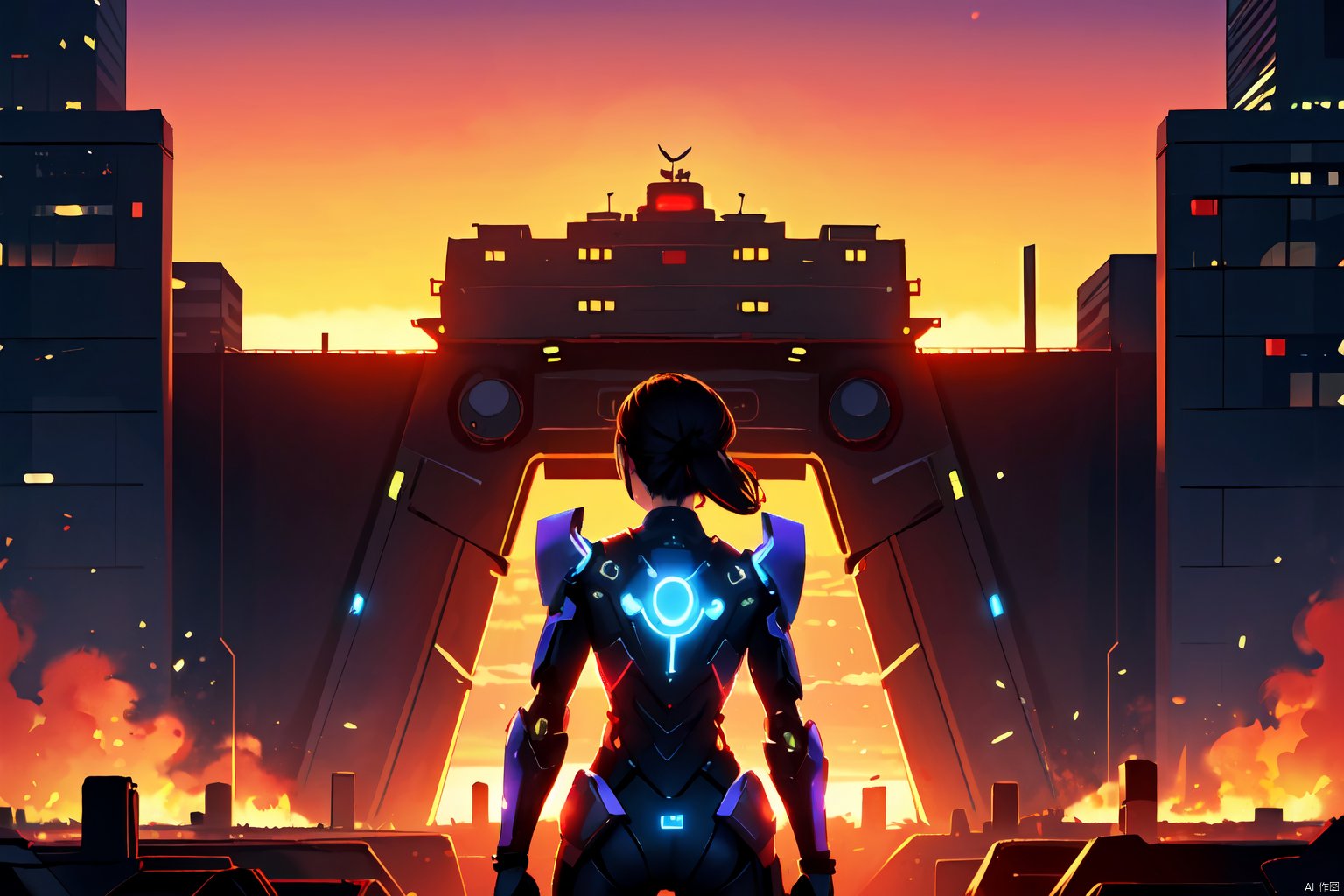  1 girl, glowing, semi robot, energy, night, fire, magic, neon lights, city background, sunset, backlight