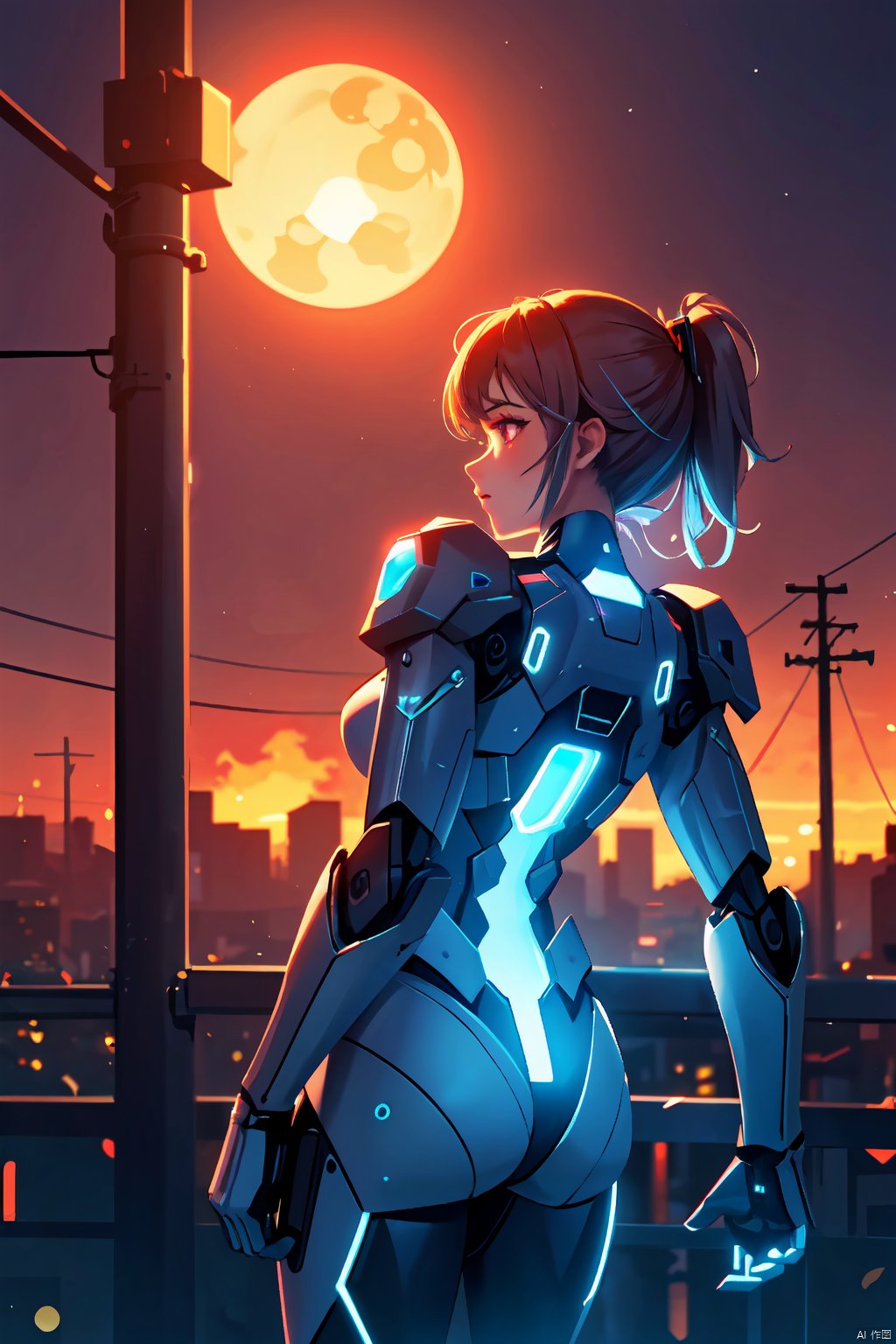  1 girl, glowing, semi robot, energy, night, fire, magic, neon lights, city background, sunset, backlight