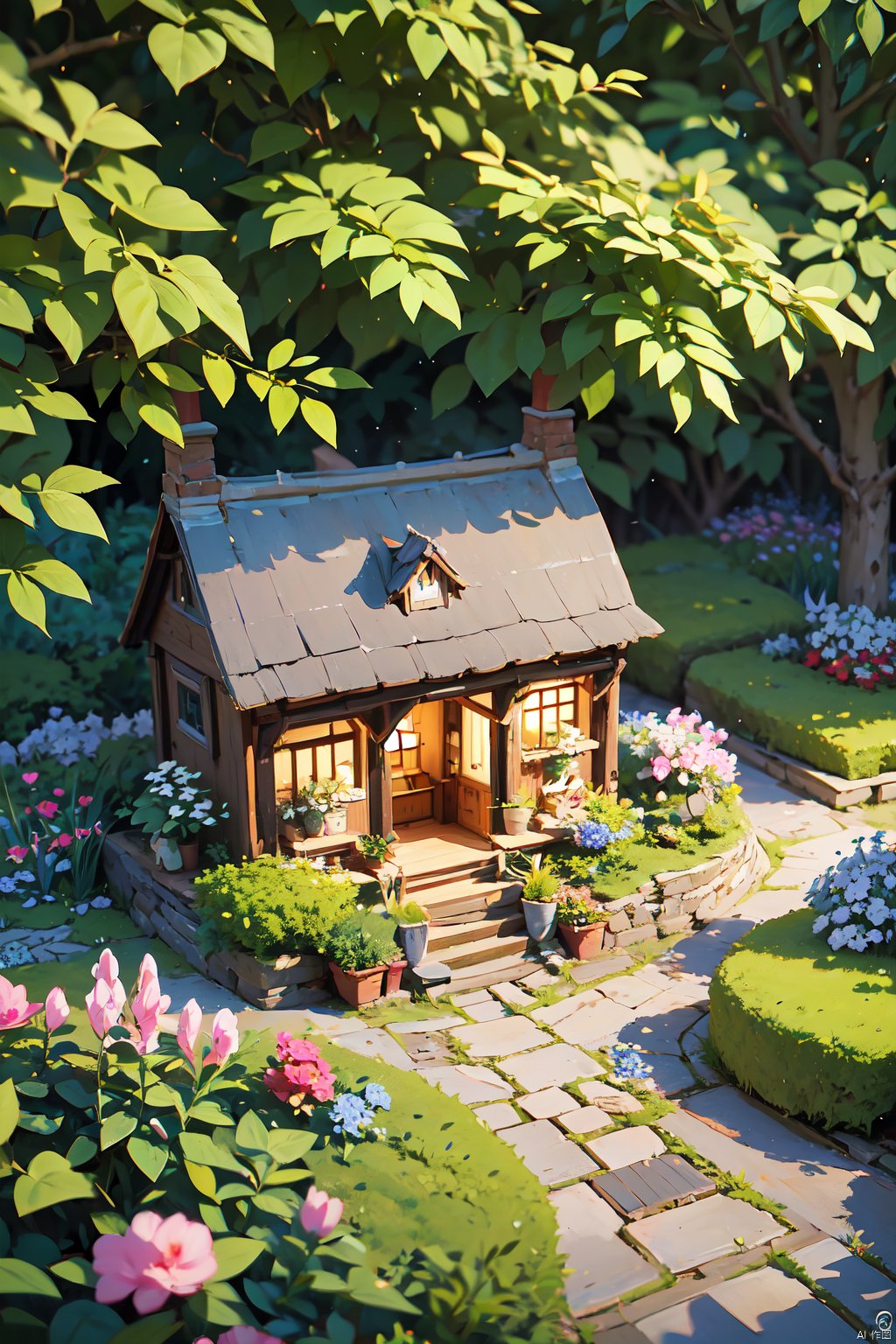 top down shot of a miniature cottage with garden, delicate details, vivid scene, lovely style, cute, sweet, soft atmosphere,