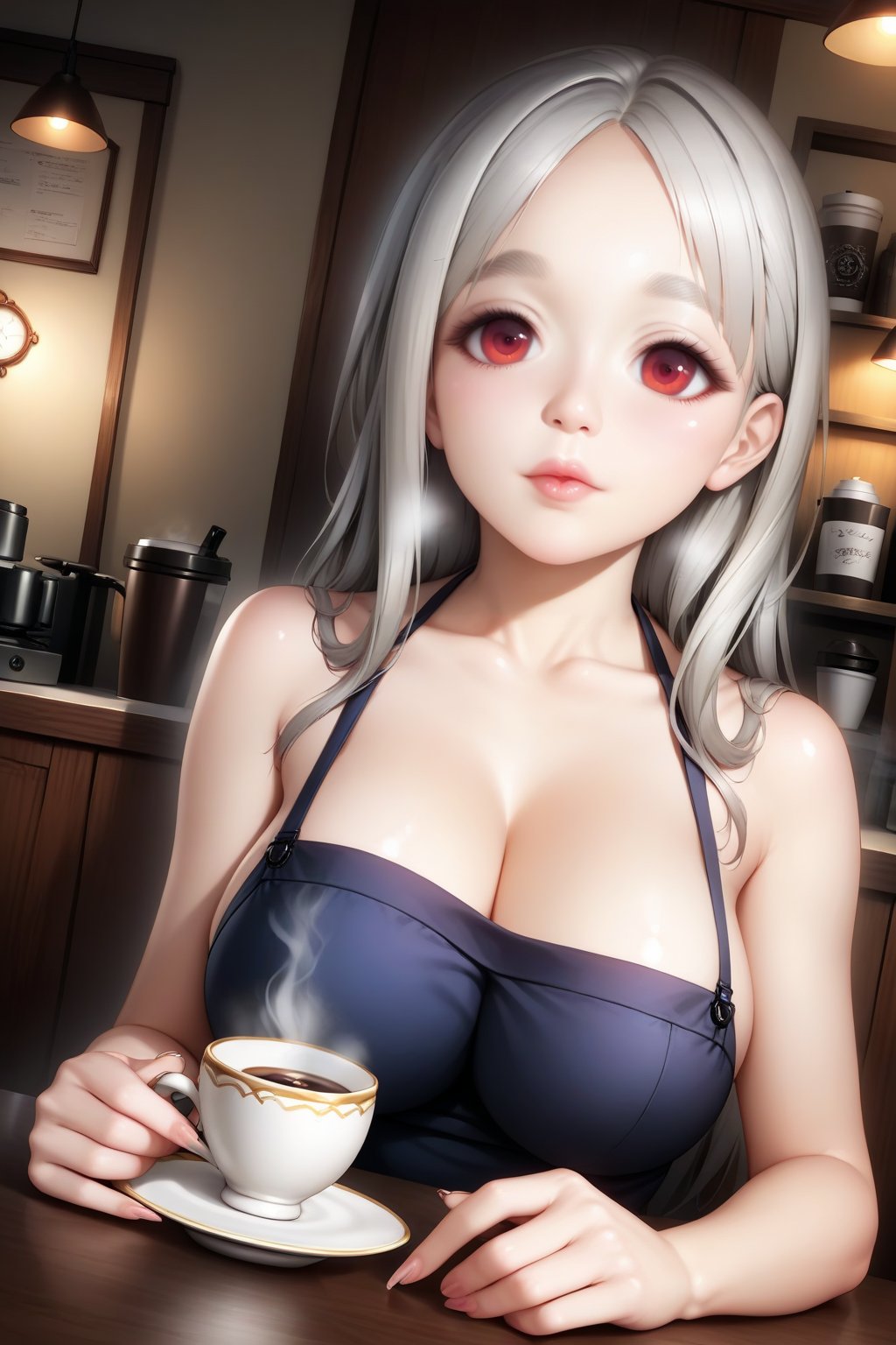 amiya(arknights), 1girl,8k wallpaper,extremely detailed figure, amazing beauty, detailed characters, {detailed background},aestheticism, sitting, winter, coffee shop, corner, coat, scarf, large breasts, gray hair, red eyes, emotionless, obedient, obedient, thick eyebrows, small nose, full lips, long eyelashes, delicate neck, slender shoulders, bare arms, delicate hands, long fingers, pointed nails, high cheekbones, oval face, smooth skin, rosy cheeks, cup of coffee, saucer, steam, warm, cozy, comfortable, relaxed, calm, quiet, peaceful, serene, contemplative, close-up, best quality, amazing quality, very aesthetic, absurdres,Cyberpunk