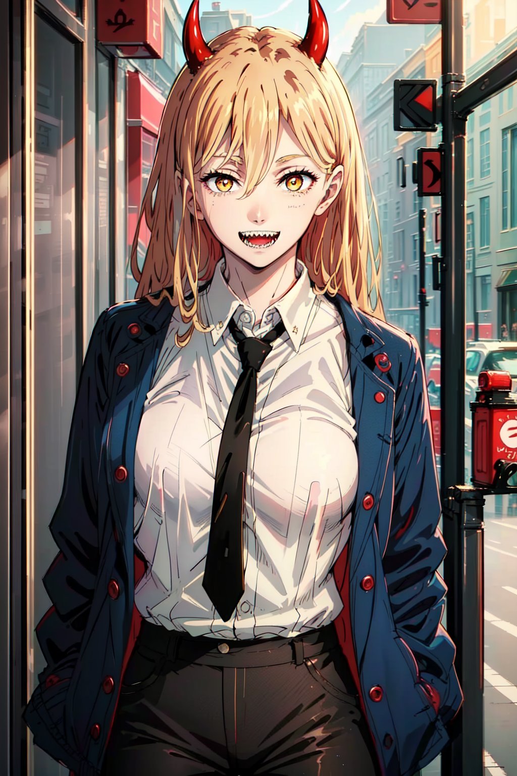 (best quality), (masterpiece), (solo), 1girl, power_csm, blonde hair, yellow eyes, cross-shaped pupils, symbol-shaped pupils, red horns, white buttoned shirt, blue jacket, black necktie, black pants, sharp teeth, grin 