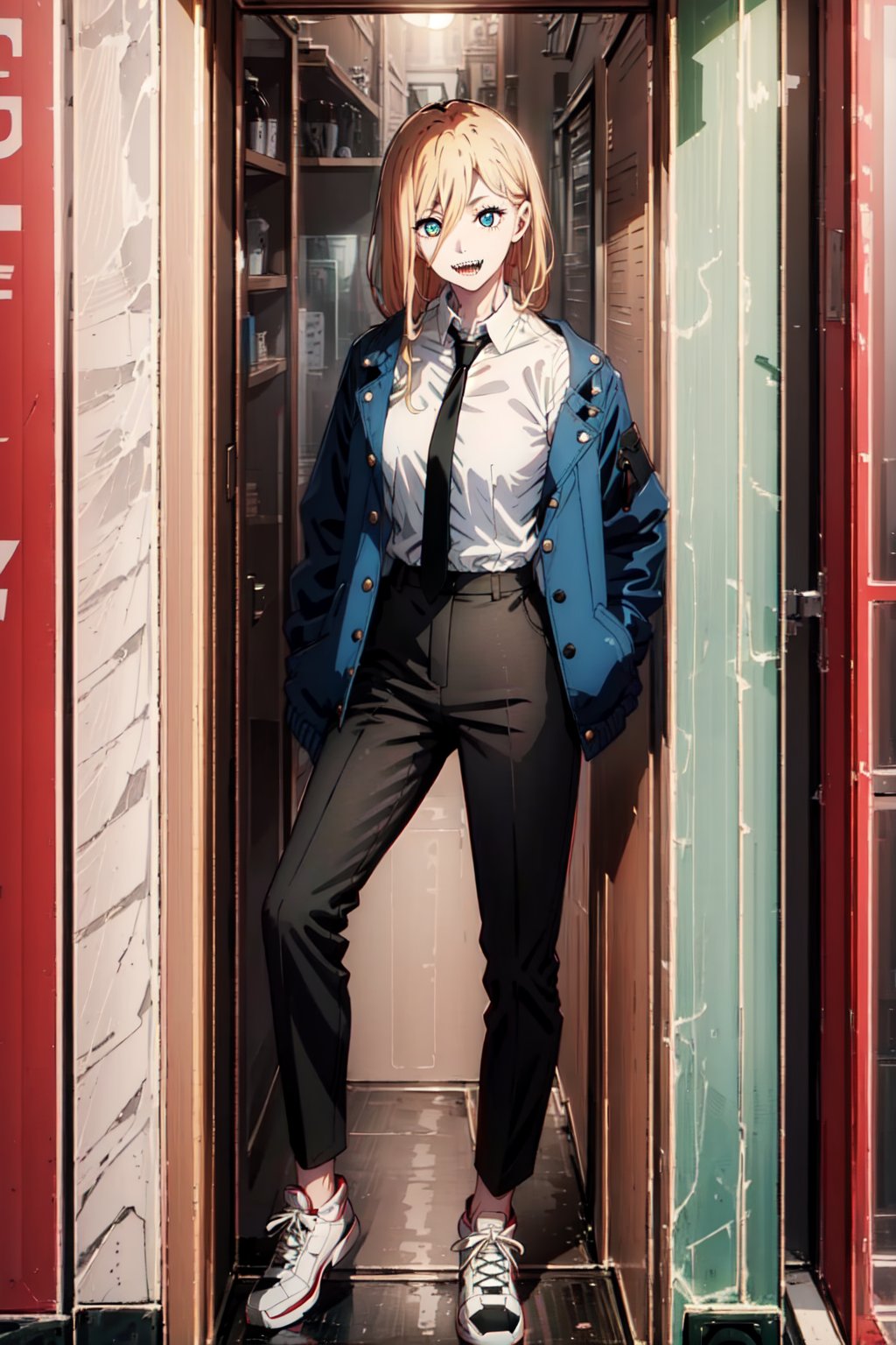 solo, 1girl, powerdef, sharp teeth, smile, \m/, blonde hair, cross-shaped pupils, blue jacket, white shirt, black necktie, black pants, rating: general, newest