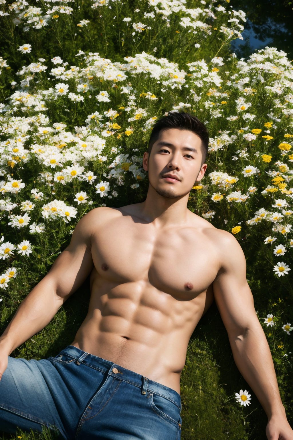 lianmo_nan,1boy,pectoral fuse,surrounded by flowers,daisy,topless,masterpiece,best quality,<lora:man_face_02_v1.0:1>,jeans,from above,