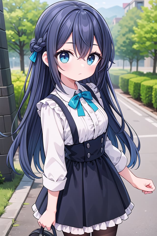 <lora:hotarueye_tareme2_v100:1>, insanely detailed, absurdres, ultra-highres, ultra-detailed, best quality,1girl, solo, nice hands, perfect handsBREAKbraid, shirt, holding, mary janes, socks, black skirt, long hair, white shirt, suspender skirt, white socks, long sleeves, ribbon, suspenders, standing, ruffles, black ribbon, bow , black bow tie, long skirt, black bow, neck ribbon, bowtie, bagBREAK(nsfw:-1.5)BREAKexpressionless, closed mouthBREAK45 angle,standing, cowboy shot, looking at viewerBREAKslender, kawaii, perfect symmetrical face, ultra cute girl, ultra cute face, ultra detailed eyes, ultra detailed hair, ultra cute, ultra beautifulBREAKin forest, depth of field, ultra detailed backgroundBREAKmedium large breastsBREAKturquoise blue hair, black eyes, updo, hair between eyes