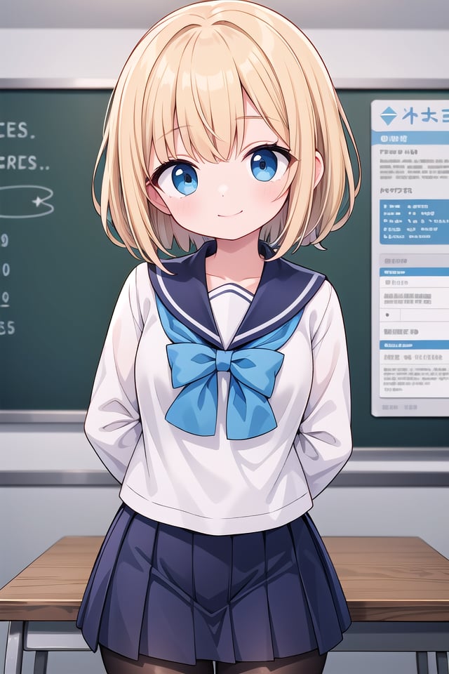 <lora:hotarueye_tareme2_v100:1>insanely detailed, absurdres, ultra-highres, ultra-detailed, best quality,1girl, solo, nice hands, perfect handsBREAKsailor school uniform with blue ribbon, blue pleated skirtBREAKhappy smile, laugh, closed mouthBREAK(45 angle:-1.5), (from side:-1.5), arms behind back, standing, cowboy shot, looking at viewerBREAKslender, kawaii, perfect symmetrical face, ultra cute girl, ultra cute face, ultra detailed eyes, ultra detailed hair, ultra cute, ultra beautifulBREAKin classroom, chalkboard, depth of field, ultra detailed backgroundBREAKmedium breasts, (cleavage:-1.3)BREAKblonde hair, blue eyes, cornrows