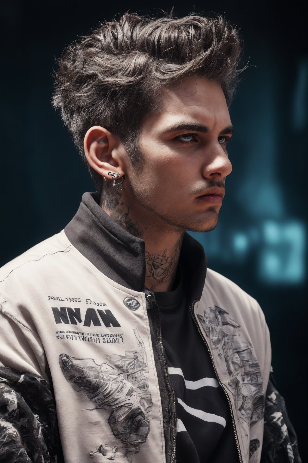 Best quality, masterpiece, 1boy, front view , looking at viewers, brown hair, short hair, spiky hair, tattoos, black pants, upper body, ear piercings, blue and white bomber jacket, profile picture, Man 25year old ,25 years old man,photo of perfecteyes eyes