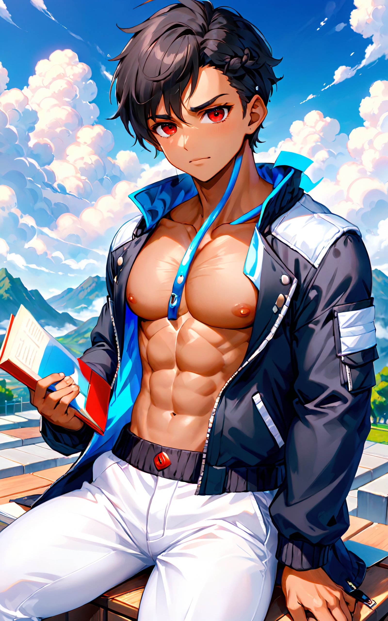 highres,best quality, 1boy, abs, antenna hair, bara, black hair, black pants, blush, book, braid, closed mouth, cloud, cloudy sky, collarbone, dark skin, dark-skinned male, facial hair, feet out of frame, from above, holding, holding book, jacket, large pectorals, looking to the side, male focus, mature male, muscular, muscular male, navel, nipples, pants, pectorals, red eyes, short hair, sitting, sky, solo, stomach, thick eyebrows, thick thighs, thighs, white pants