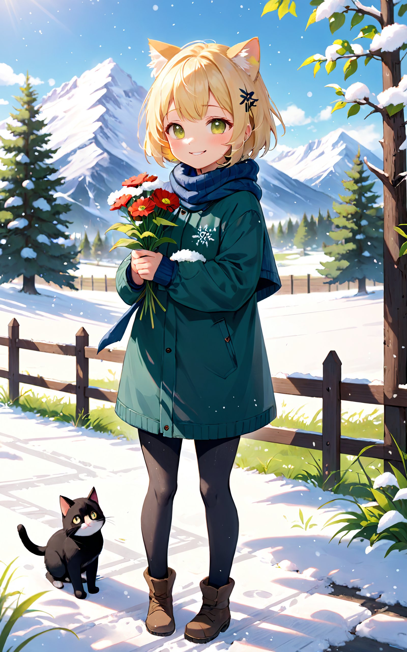 highres,best quality, :3, animal, animal focus, bird, blonde hair, cat, closed mouth, day, fence, full body, grass, holding, holding flower, leaf, long sleeves, looking at viewer, mountain, nature, outdoors, short hair, smile, snowing, snow, standing, tree, winter clothes