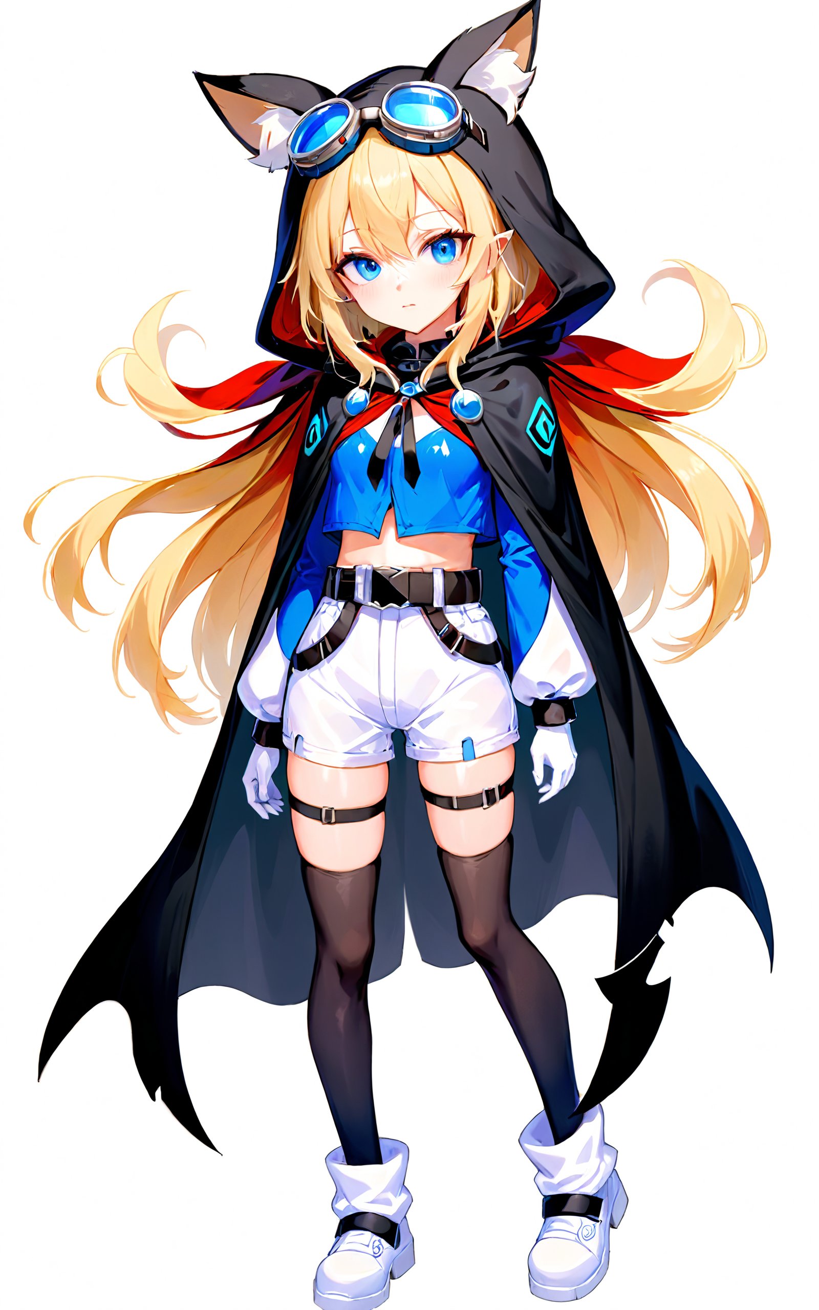 highres,best quality, 1girl, animal ear fluff, animal costume, animal hood, belt, black belt, black gloves, black thighhighs, blonde hair, blue eyes, blunt bangs, cape, closed mouth, crop top, earrings, full body, gloves, goggles, goggles on head, hair between eyes, hood, jewelry, long hair, midriff, navel, one eye closed, puffy long sleeves, puffy sleeves, shadow, shoes, short shorts, shorts, simple background, skindentation, solo, swept bangs, thighhighs, very long hair, white background, white footwear, white gloves, white shorts