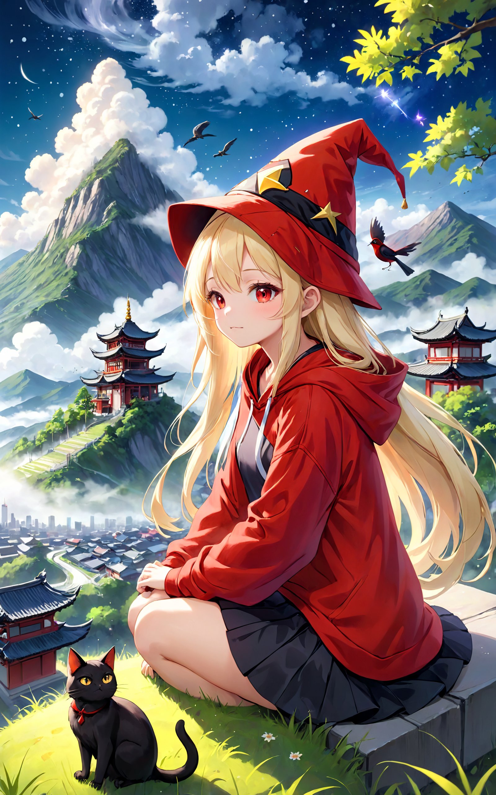 highres,best quality, blonde straight long hair,wizard,wizard hat ,red hoodie black cat, animal focus, bird, bird on head, bug, cityscape, cloud, cloudy sky, east asian architecture, fog, grass, mountain, outdoors, scenery, sitting, skirt, sky, star \(sky\), starry sky, tree, wind