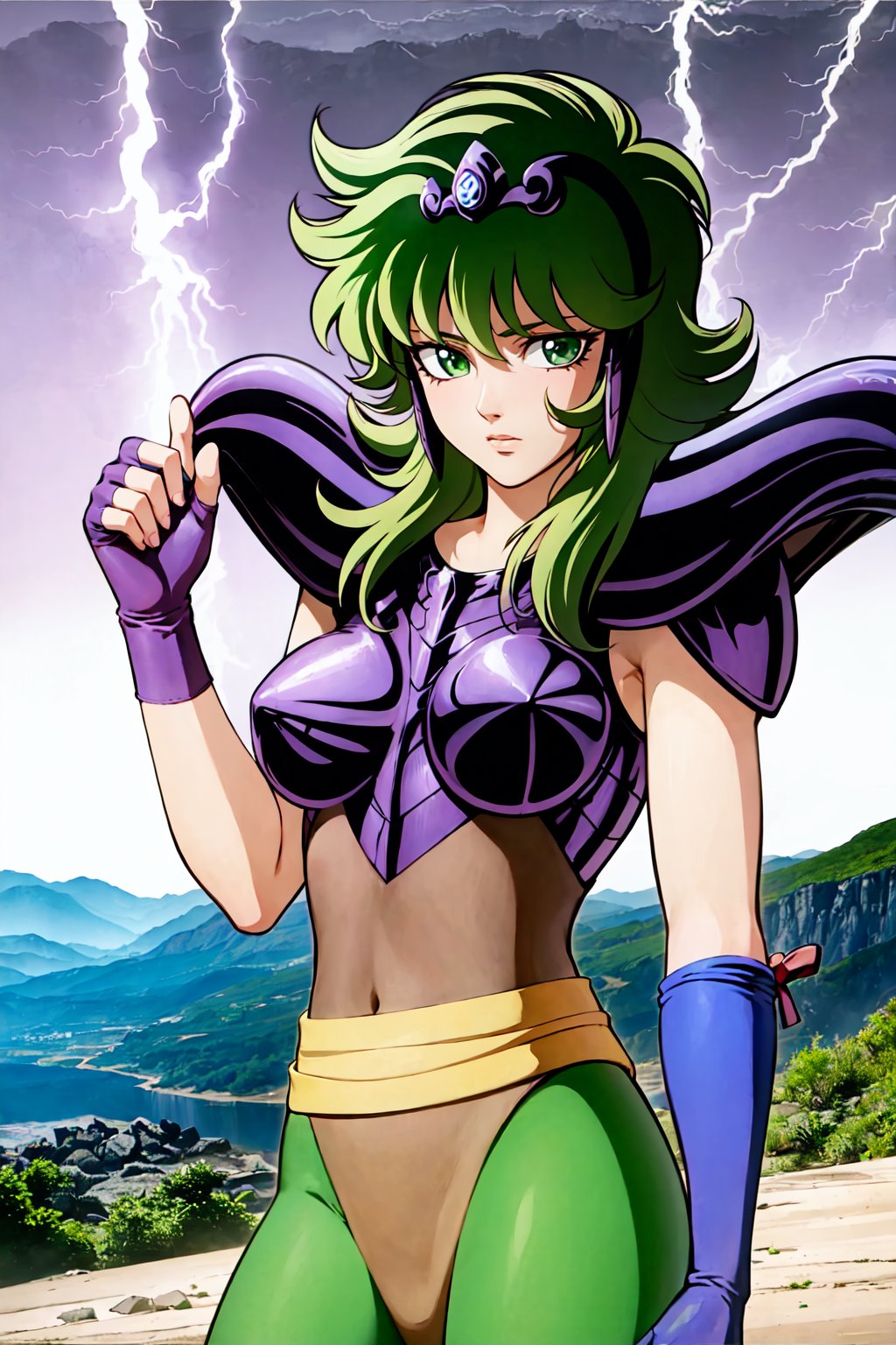 (masterpiece), (best quality), 1girl, Shaina, saint seiya, green hair, green eyes, tiara, armor, shoulder pads, ((brown leotard)), ((green pantyhose)), sash, fingerless gloves, looking at viewer, lightning, mountains background