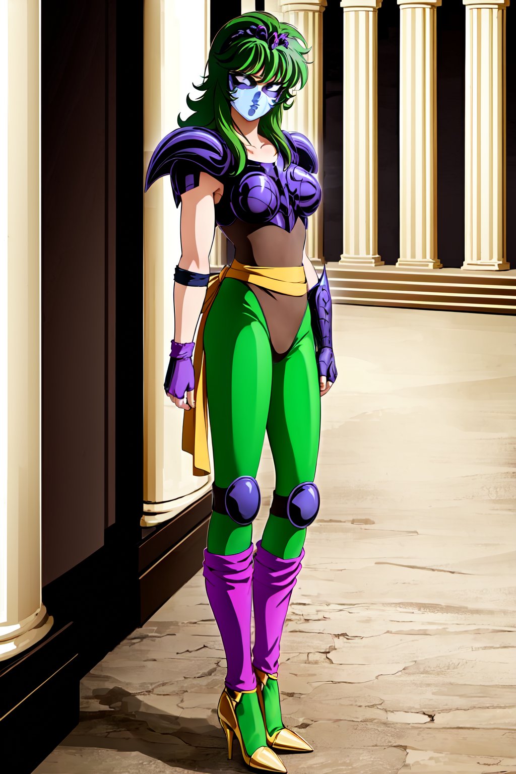 (masterpiece), (best quality), 1girl, Shaina, saint seiya, green hair, (mask), tiara, armor, shoulder pads, (brown leotard), (green pantyhose), sash, fingerless gloves, knee pads, leg warmers, high heels, standing, greek temple outdoors background