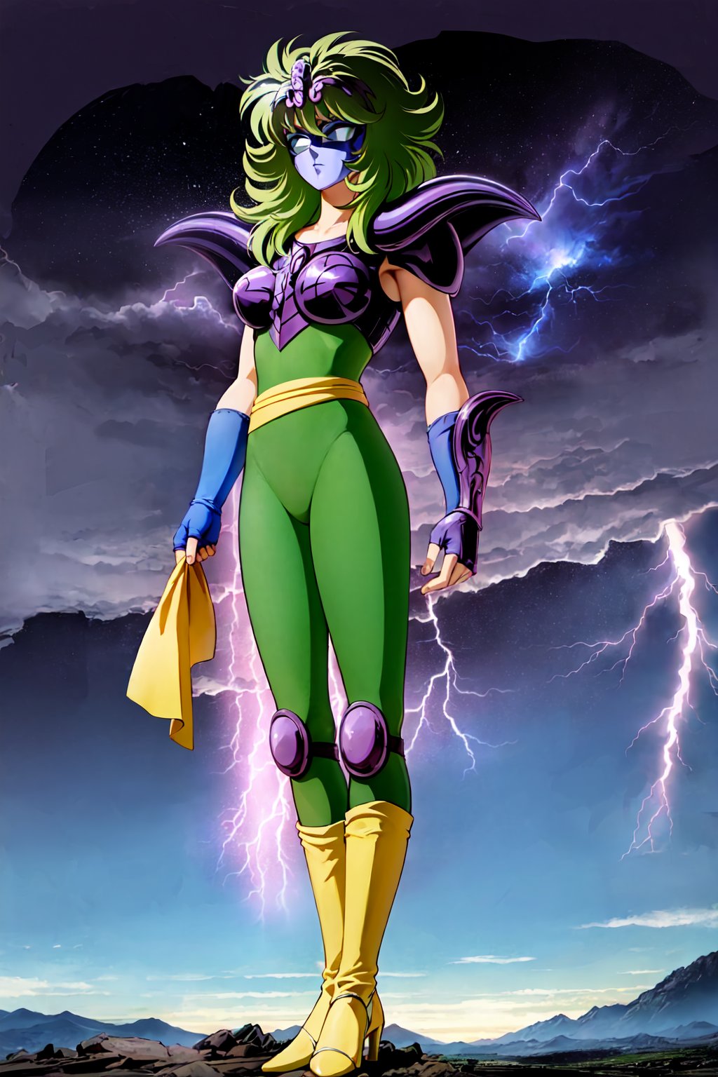 (masterpiece), (best quality), 1girl, Shaina, saint seiya, green hair, (mask), tiara, armor, shoulder pads, ((brown leotard)), ((green pantyhose)), sash, fingerless gloves, standing, aura, lightning, mountains background