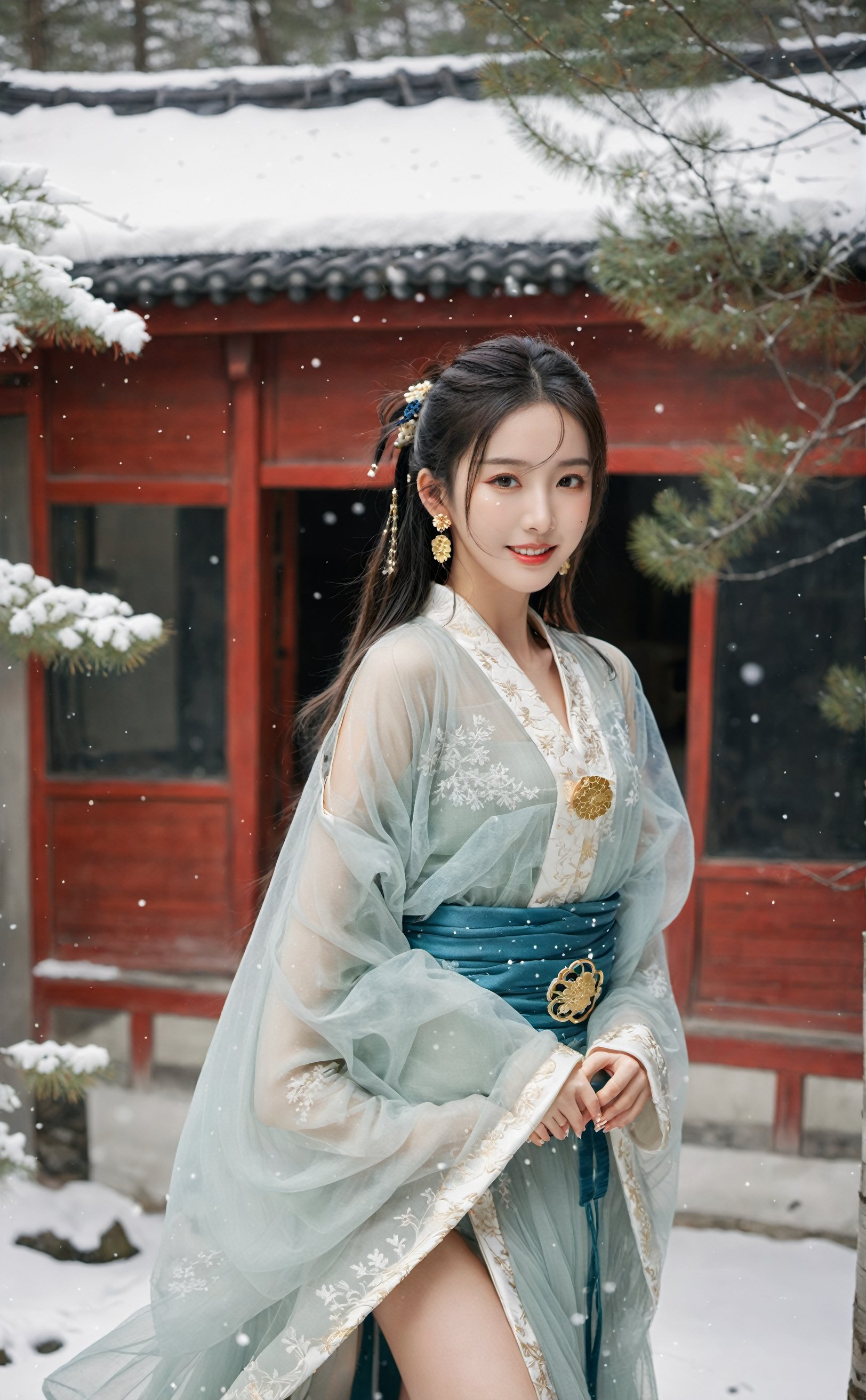 1girl, sweet,full body, big breasts, background is winter, snowy garden, 1 girl, beautiful girl, female samurai, shiny bracelet, beautiful Hanfu (white, transparent), cloak , solo, {beautiful and delicate eyes}, calm expression, natural soft light, delicate facial features, very small earrings, ((model pose)), charming body shape, (dark hair: 1.2), honeycomb, Long ponytail, very long hair, hair past hips, ((gold strappy high heels)) fine grain, real handwork, masterpiece, best quality, realistic, super detailed, fine, high resolution, perfect dynamic composition, beautiful detailed eyes , eyes smile, ((nervous and awkward)), sharp focus, full body, sexy pose, cowboy_shot, samurai girl, glowing forehead, lights, girl, Yazawa Ai style girl, samurai, Perfect, beautiful legs and hot body, alluring outfits, Precipitate gir, RANDOM COLOR SMOKE, undersea, full body,