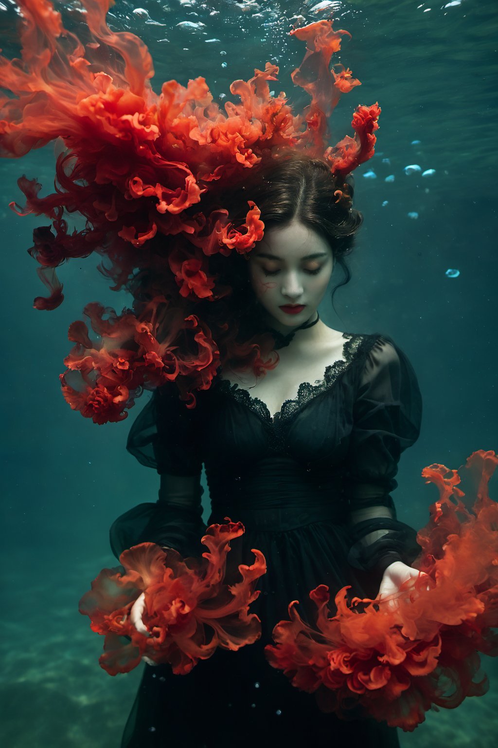 A woman submerged in water, her dark attire contrasting with the intense red ink blooming around her. Above, light pierces through the water, illuminating the scene and highlighting the swirling ink clouds that envelope her. The red ink catches the light, creating a radiant glow that gives the appearance of an underwater dance of light and color, where the ink almost resembles a fiery smoke in the aquatic environment, Precipitate girl, sexy pose