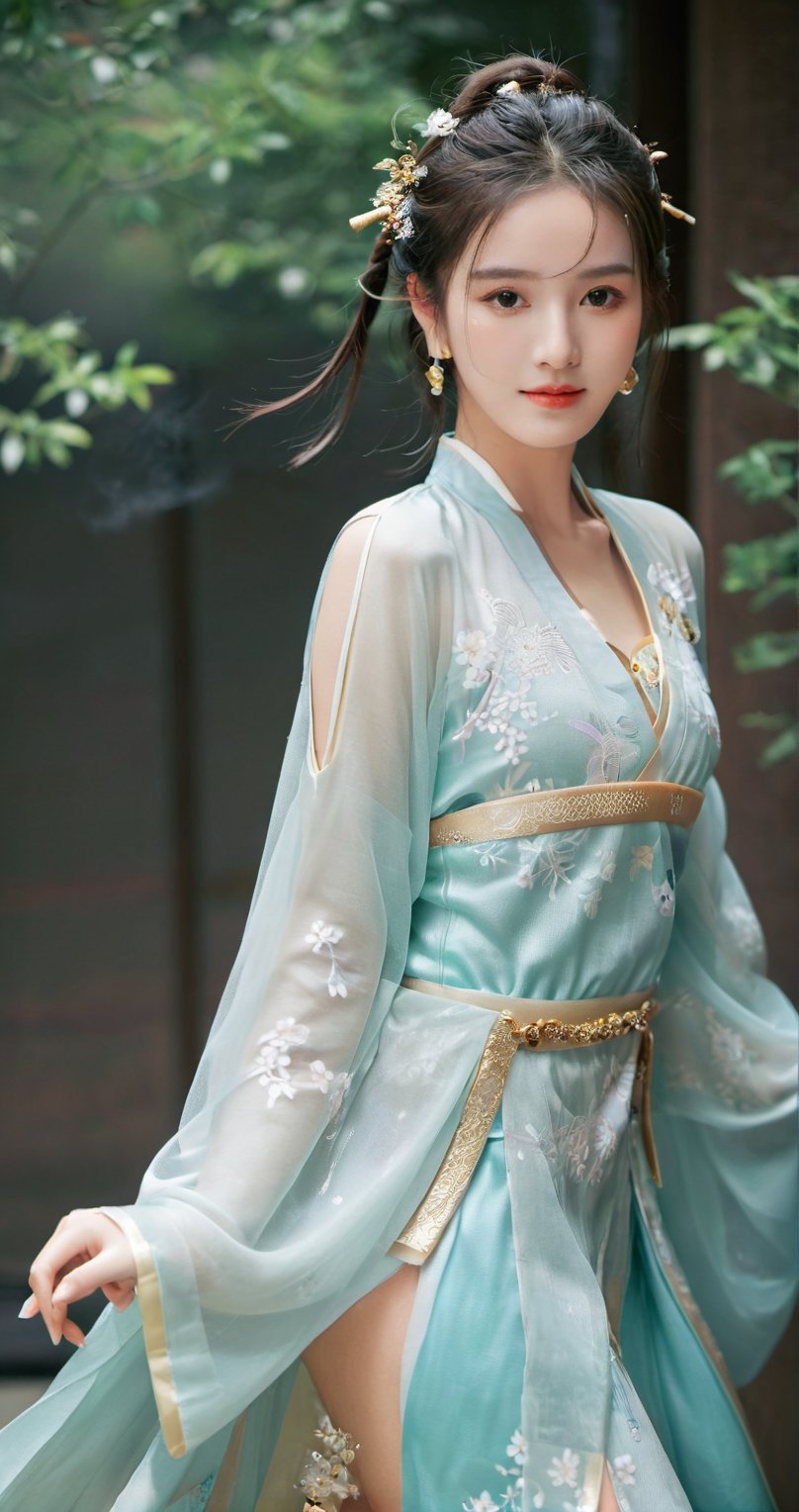 1girl, sweet,full body, big breasts, 1 girl, beautiful girl, female samurai, shiny bracelet, beautiful Hanfu (white, transparent), cloak , solo, {beautiful and delicate eyes}, calm expression, natural soft light, delicate facial features, very small earrings, ((model pose)), charming body shape, (dark hair: 1.2), honeycomb, Long ponytail, very long hair, hair past hips, ((gold strappy high heels)) fine grain, real handwork, masterpiece, best quality, realistic, super detailed, fine, high resolution, perfect dynamic composition, beautiful detailed eyes , eyes smile, , full body, sexy pose, samurai girl, glowing forehead, lights, girl, Yazawa Ai style girl, samurai, Perfect, beautiful legs and hot body, alluring outfits, (Precipitate gir, RANDOM COLOR SMOKE), under_water, full body,