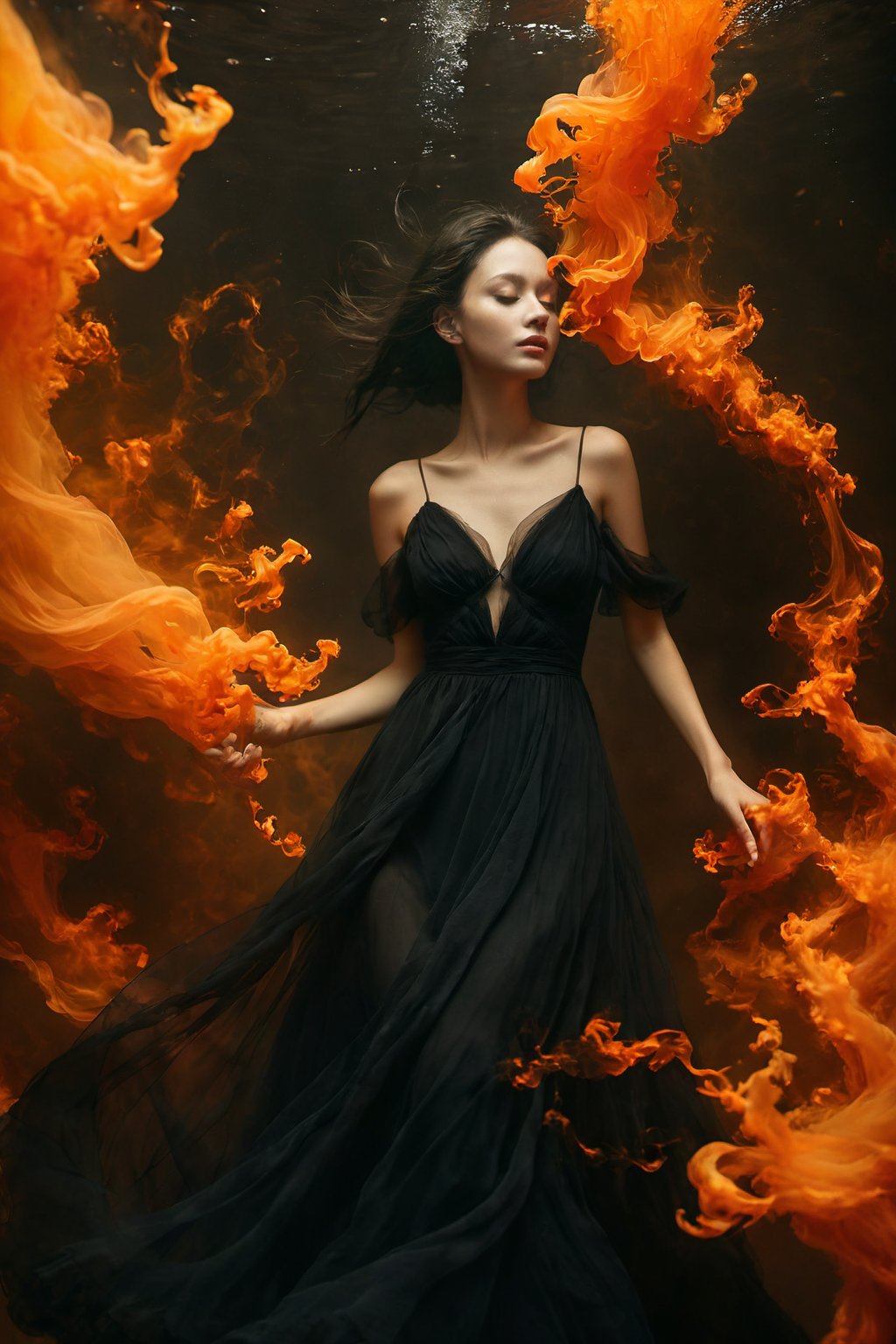 A portrait of a woman in a dark, flowing dress, surrounded by intense, dynamic orange light that resembles ink or smoke in water. The lighting should be dramatic, highlighting the contrast between the orange light and the dark shades of the dress, creating a vivid, ethereal atmosphere. The light should emanate from around the woman, giving the impression that she is emerging from a nebulous glow. The overall tone is moody and mystical, Precipitate girl, sexy pose