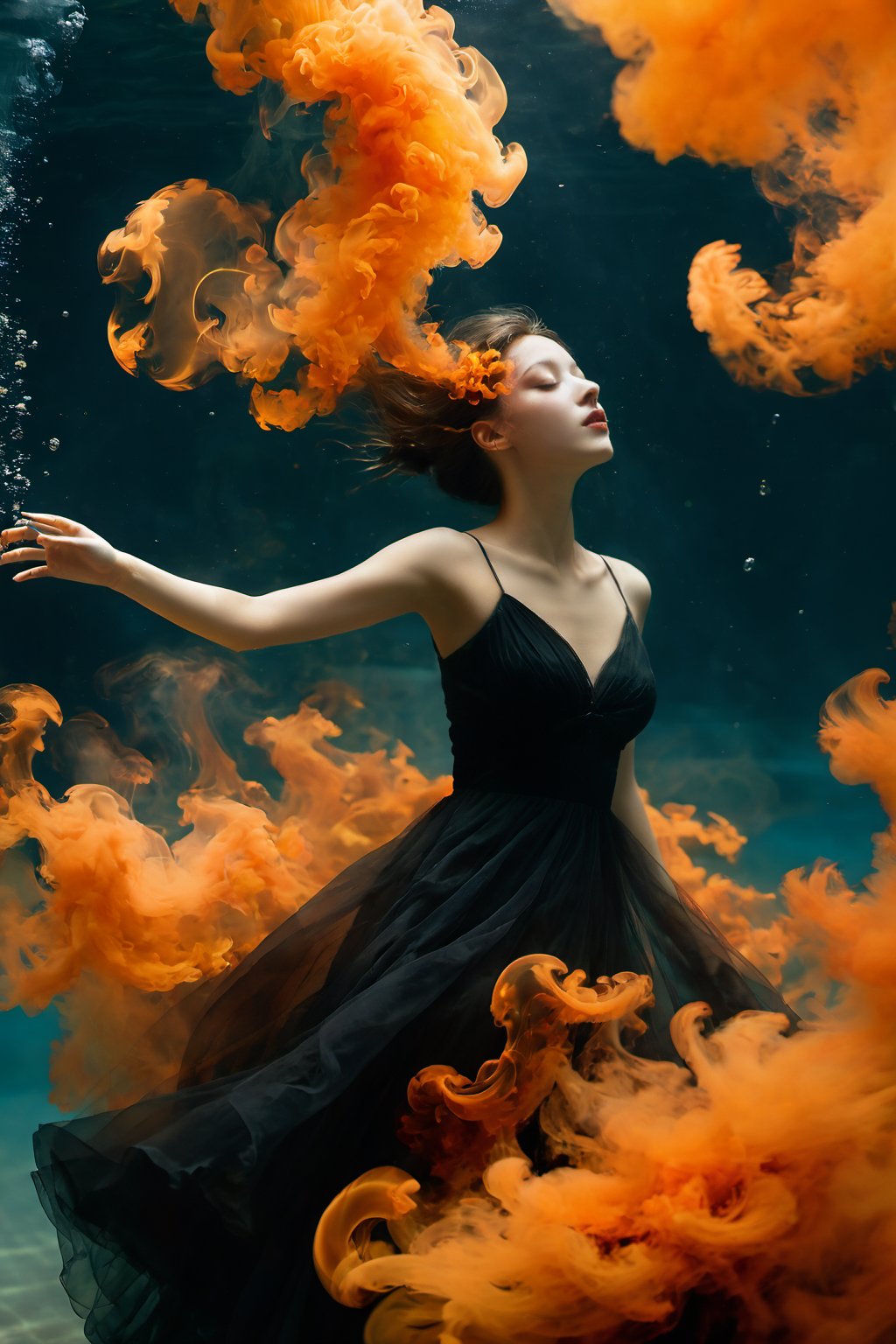 a woman in a flowing dark dress with a vivid burst of orange light and smoke emanating from around her, creating an ethereal, fiery aura. The lighting emphasizes the contrast, with a cool, shadowy environment to accentuate the warm, vibrant explosion of light and color around her. The image is filled with dynamic movement and a blend of clarity and softness, portraying a dance between light and dark, warmth and coolness, stillness and motion, Precipitate girl, sexy pose, under_water, orange and black smoke 