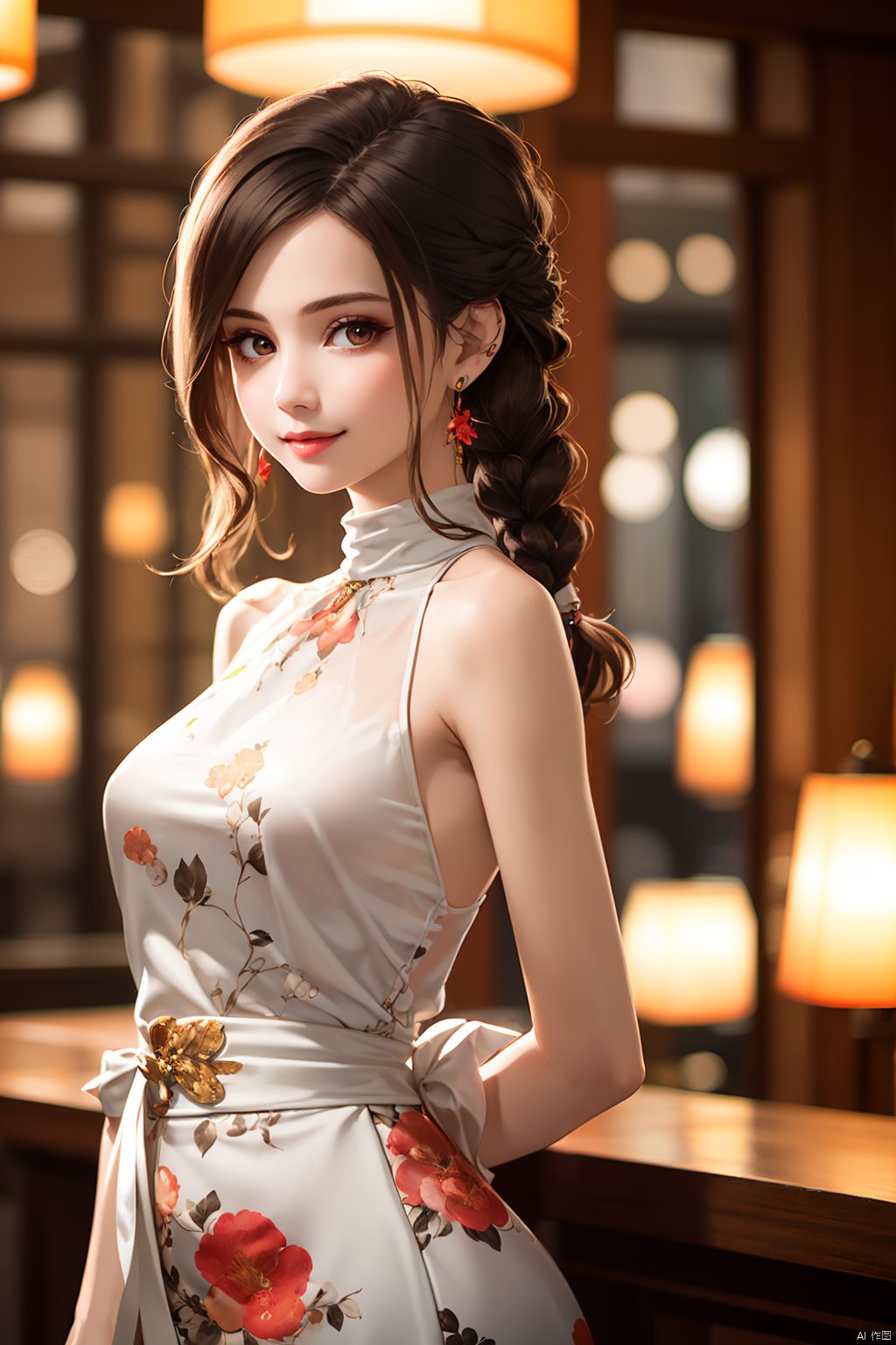 lj, 1girl, jewelry, earrings, solo, long hair, arm behind back, dress, braid, white dress, blurry, looking at viewer, blurry background, smile, brown hair, black hair, floral print, lips, brown eyes, sleeveless