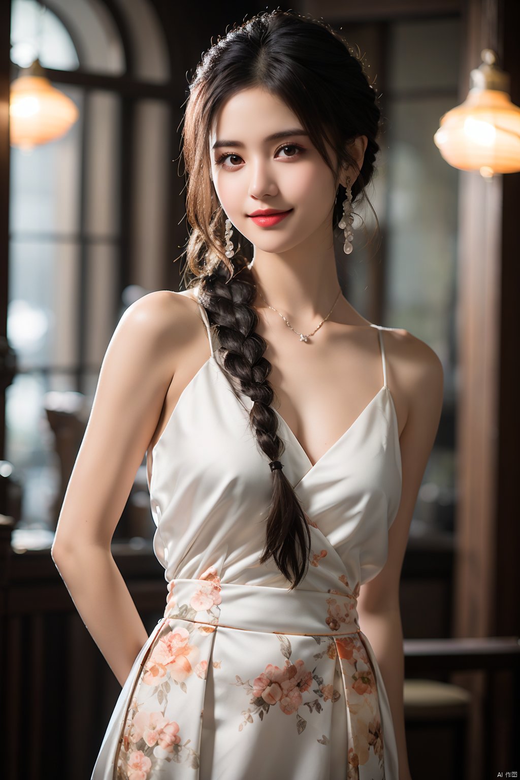  lj, 1girl, jewelry, earrings, solo, long hair, arm behind back, dress, braid, white dress, blurry, looking at viewer, blurry background, smile, brown hair, black hair, floral print, lips, brown eyes, sleeveless, depth of field