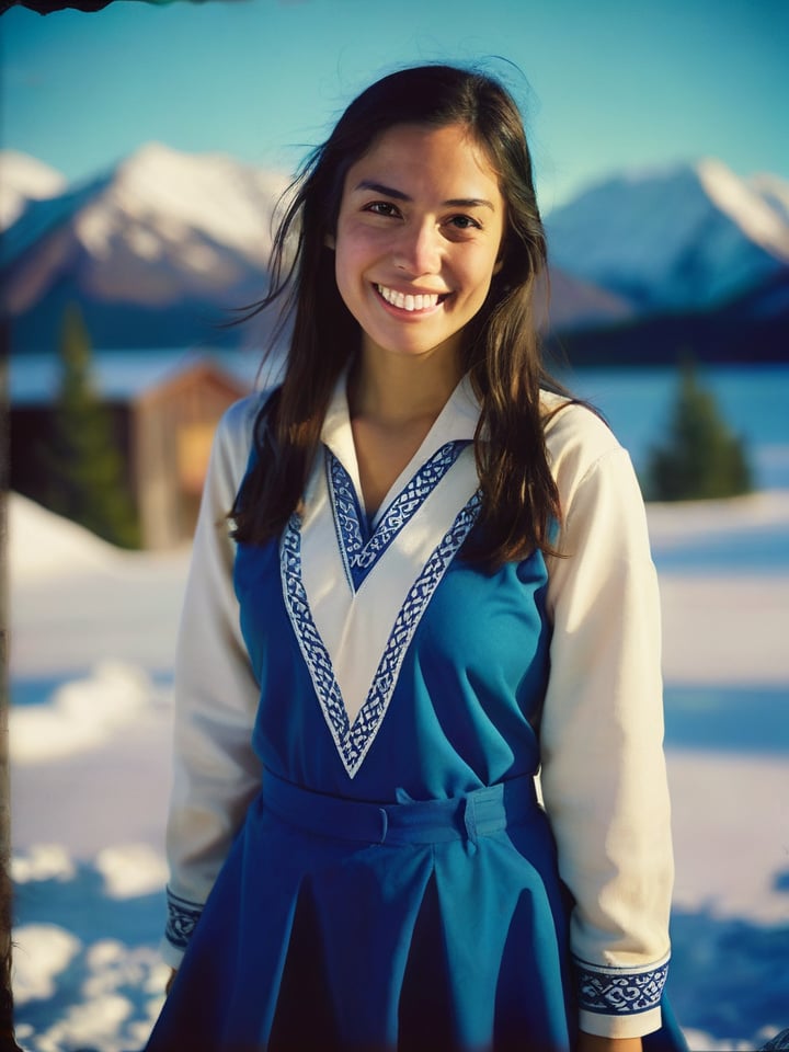 Instagram full body photo, Eskimo girl wearing velez sarsfield (seifuku :1.6), smiling to the camera. Alaska background, detailed face, boudoir Movie Still, hard shadows, analog film,Deep photo,depth of field,ferrania p30 film,shadows,dark,nighttime,dark photo,grainy,dimly lit,harsh camera flash,faded film, desaturated, 35mm photo, vintage, Kodachrome, Lomography, stained, highly detailed, found footage,rshlf,mrlhgr,vlzblnc