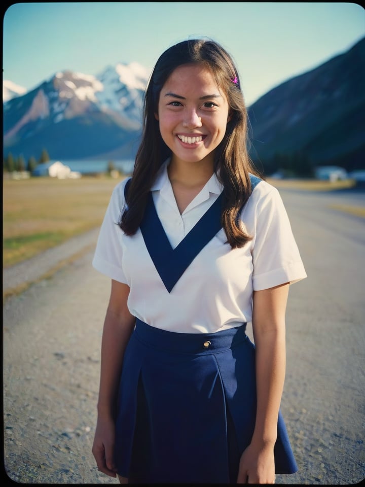 Instagram full body photo, Eskimo girl wearing vlzblnc (seifuku :1.6), smiling to the camera. Alaska background, detailed face, boudoir Movie Still, hard shadows, analog film,Deep photo,depth of field,ferrania p30 film,shadows,dark,nighttime,dark photo,grainy,dimly lit,harsh camera flash,faded film, desaturated, 35mm photo, vintage, Kodachrome, Lomography, stained, highly detailed, found footage