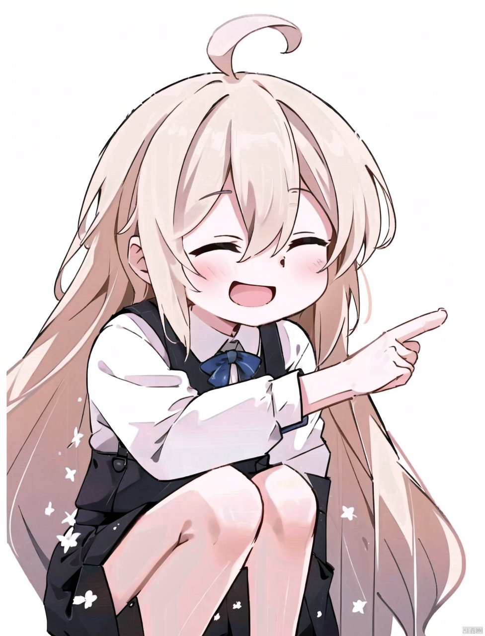 1girl, solo, long hair, smile, open mouth, bangs, skirt, simple background, shirt, long sleeves, white background, hair between eyes, very long hair, closed eyes, white shirt, ahoge, :d, collared shirt, black skirt, ^ ^, squatting, suspenders, pointing, genderswap, facing viewer, genderswap \(mtf\), suspender skirt