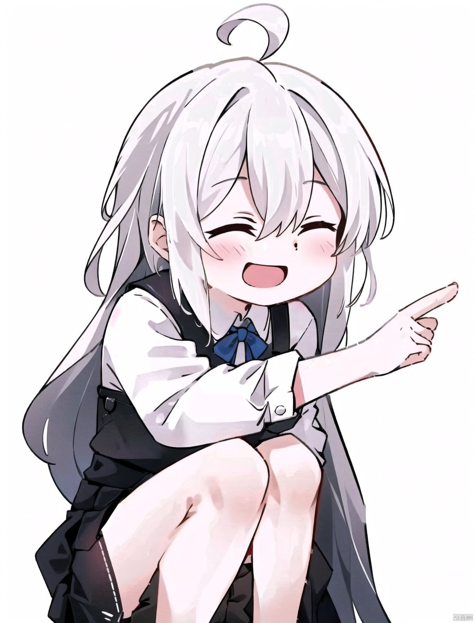 1girl, solo, long hair, smile, open mouth, bangs, skirt, simple background, shirt, long sleeves, white background, hair between eyes, very long hair, closed eyes, white shirt, ahoge, :d, collared shirt, black skirt, ^ ^, squatting, suspenders, pointing, genderswap, facing viewer, genderswap \(mtf\), suspender skirt