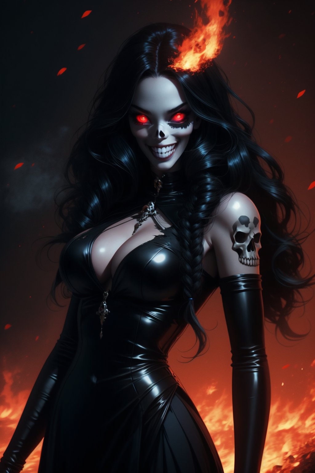 1girl, long hair, breasts, smile, large breasts, black hair, red eyes, 1boy, dress, black dress, torn clothes, glowing, colored skin, fire, glowing eyes, claws, colored sclera, skull, giant