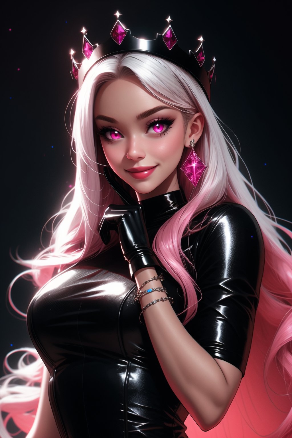 1girl, solo, long hair, breasts, looking at viewer, smile, red eyes, gloves, dress, jewelry, closed mouth, upper body, white hair, earrings, black gloves, virtual youtuber, pink eyes, black dress, bracelet, glowing, crown