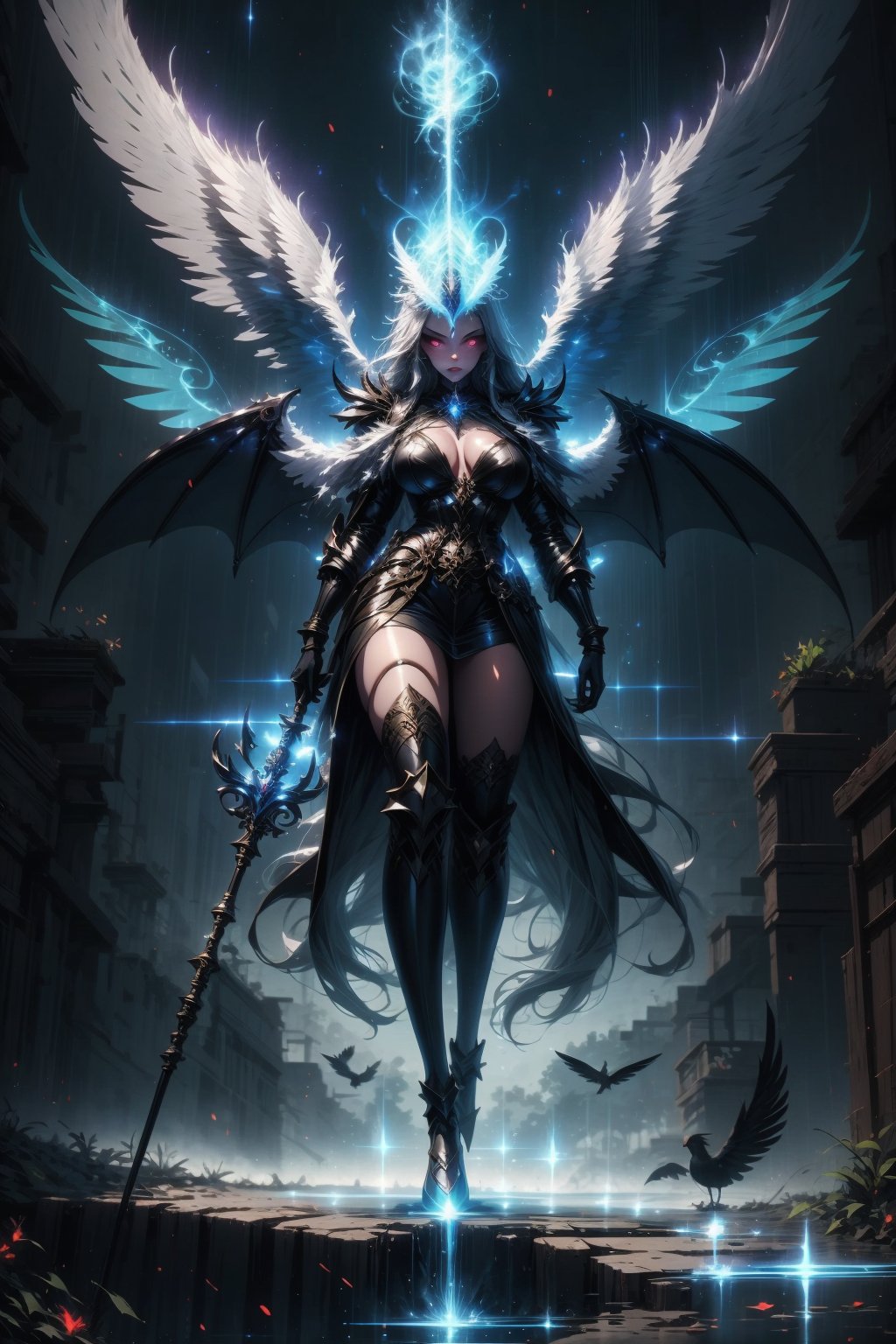 1girl, solo, long hair, breasts, looking at viewer, holding, full body, weapon, wings, holding weapon, armor, glowing, polearm, glowing eyes, feathered wings, spear, angel wings, holding polearm, multiple wings