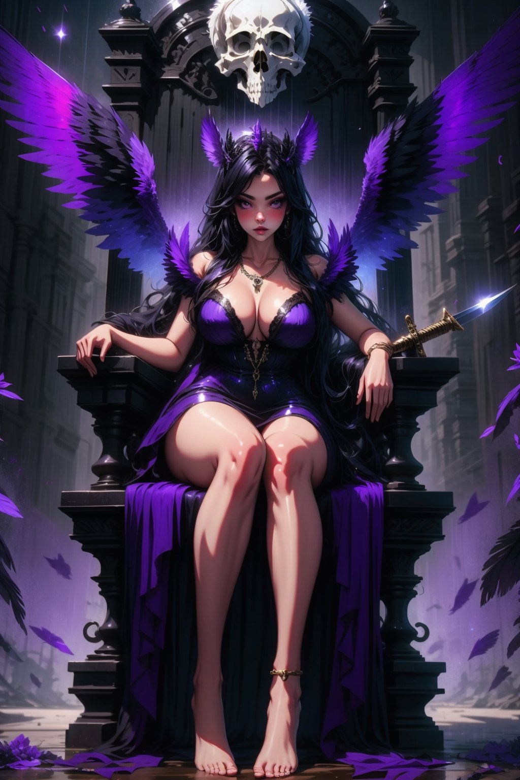 1girl, solo, long hair, breasts, looking at viewer, black hair, dress, holding, cleavage, jewelry, sitting, weapon, wings, barefoot, sword, necklace, holding weapon, holding sword, feathered wings, skull, purple theme, throne