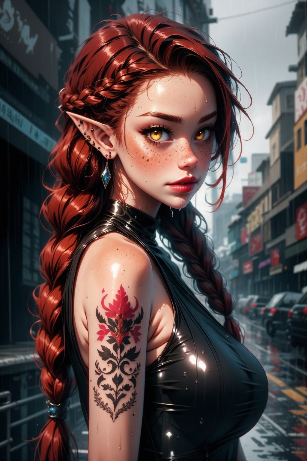 1girl, solo, long hair, breasts, looking at viewer, blush, dress, jewelry, closed mouth, yellow eyes, upper body, braid, red hair, earrings, pointy ears, blurry, black dress, from side, lips, wet, tattoo, blurry background, piercing, crossed arms, slit pupils, ear piercing, hair over shoulder, freckles, rain, scales, arm tattoo