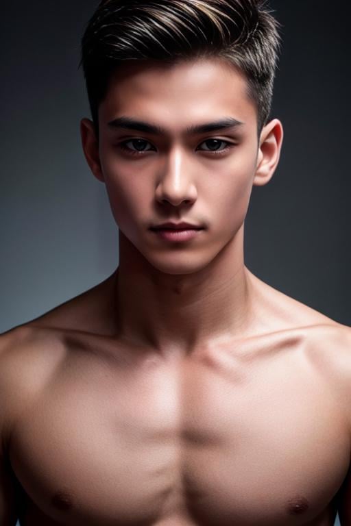 ((masterpiece)),((bestquality)),photography,award winning,documentary,8k,high detailed,ultra-detailed,depth of field,1boy,adult,male focus,handsome face,slim,real skin texture,well-proportioned hands,solo,face difference,model,thick  eyebrows,topless male,boxie,,,[||],,,[|],,in the studio,{Golden Ratio|Portrait|Cinematic Shot},({Courtroom lighting|Strobe lighting|rim lights|Flood lighting}),(simple background:1.45),<lora:add_detail:1>,