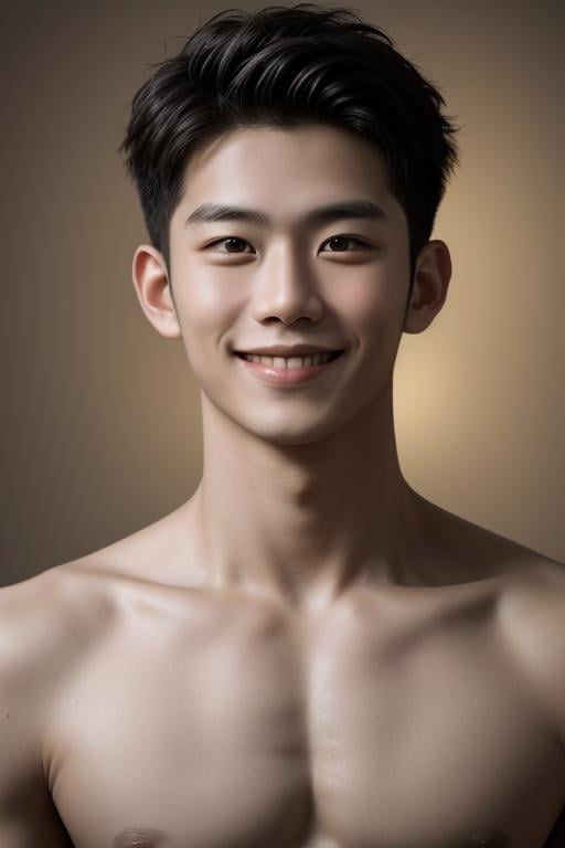 professional photography,85mm lens,front view,halfbody shot,photograhpy,sharp focus,HD,8k,1boy,adult male,Asian slim male,(topless male:1.25),Golden Ratio,upper body,(different face features:1.12),(Each picture is a different facial feature:1.13),(Kind Smile:1.25),Textured Men’s Haircut,([Light painting|Mood lighting|mood lighting|Chiaroscuro lighting|Courtroom lighting]),<lora:add_detail:0.54>,simple background,