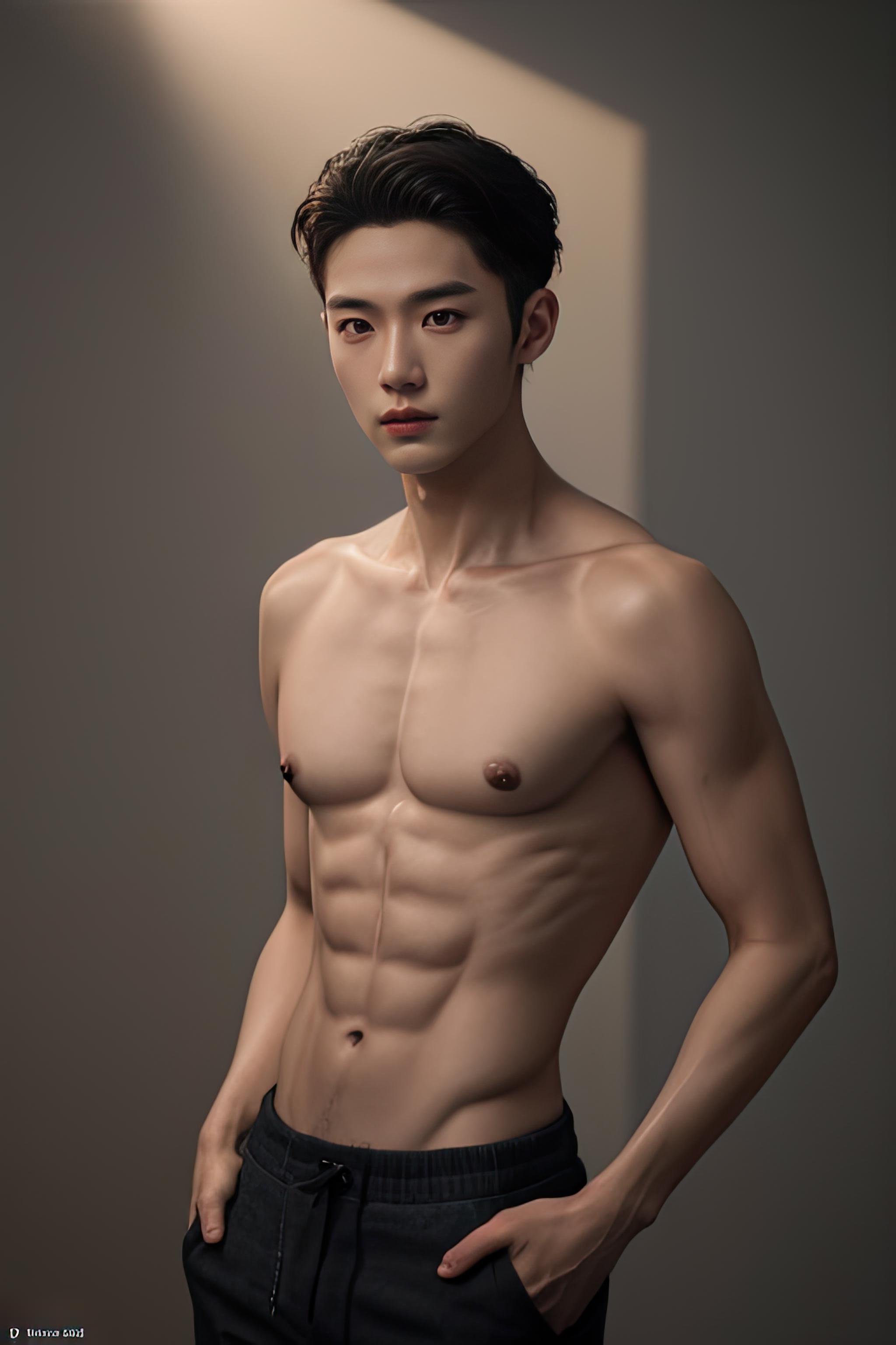 (masterpiece:1.21),(bestquality:1.21),8k,high detailed,ultra-detailed,photography,award winning,documentary,Original Photo,realistic,Ultra detailed digital art masterpiece,(absurdres:1.1),slim asian male,tall,thin,handsome,black eyes,glint,1boy,homo,gay,(realistic skin:1.1),(pores:1.21),(high detailed skin:1.21),(pants:1.41),(topless:1.312),(thin body:1.41),photography,hdr,vibrant,octane render,(8k:1.21),(detailed fingers:1.1),GS-DeFeminize,Studio lighting,High resolution scan,physically-based rendering,Cinematic Lighting,shadow,depth of field,(low saturation:1.3),thick eyebrows,,