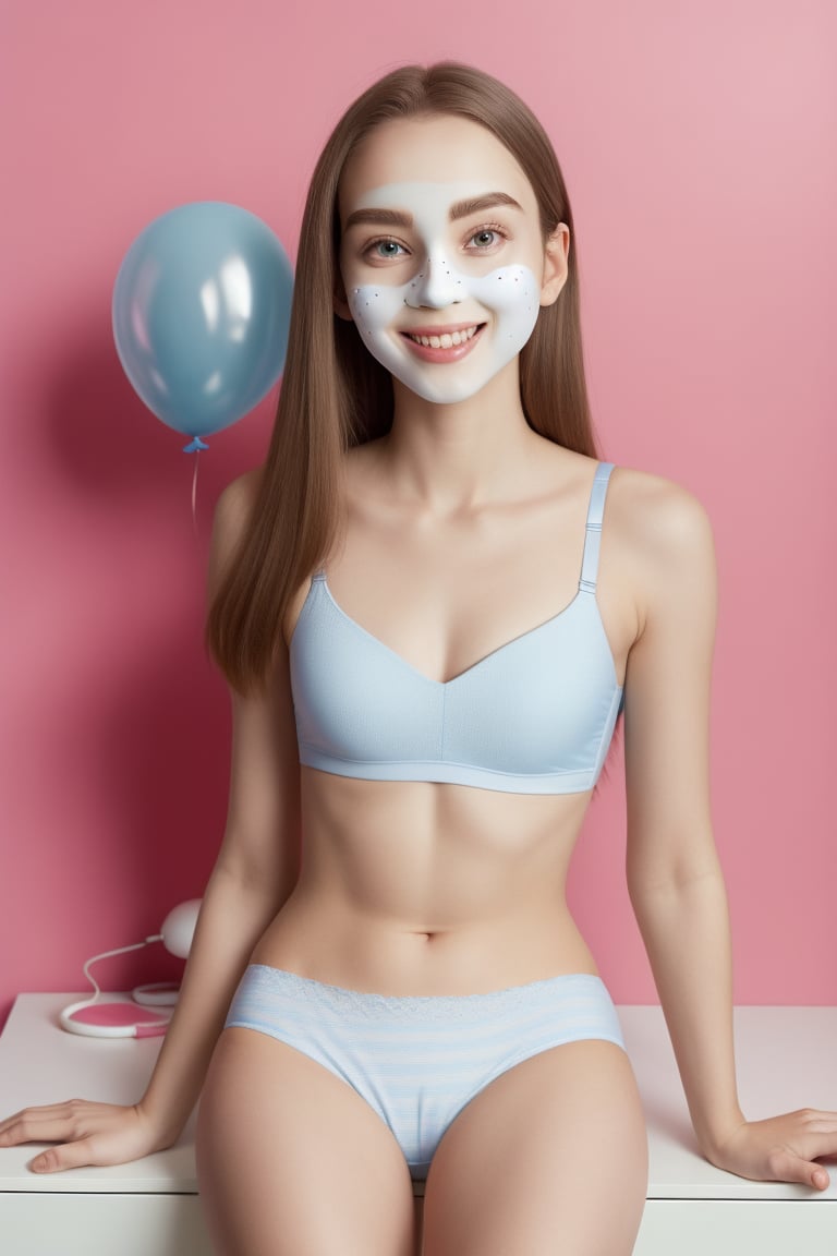 pntyad, European, pndsuncategorized, woman, 1girl, solo, long_hair, breasts, looking_at_viewer, smile, open_mouth, brown_hair, navel, brown_eyes, holding, bare_shoulders, sitting, underwear, panties, standing, :d, small_breasts, striped, teeth, midriff, indoors, bra, stomach, head_tilt, legs, bare_arms, bare_legs, phone, lingerie, underwear_only, upper_teeth, striped_panties, white_bra, sports_bra, photo_medium, balloon, skinny, A girl is standing in a room, wearing a white bra and matching underwear. She is talking on a pink telephone, which is placed on a white table. The room has a pink theme, and there is a balloon nearby. The girl appears to be enjoying her conversation on the phone., seductive_stare, (contact iris: 1.1), (wide shoulders), cameltoe, midriff, navel, pale skin, skin pores, looking_at_viewer, (perfect face), (bright face: 1.5), (cinematic lighting), good aesthetic, good quality, poor contrast, good blur, good noise,  8k