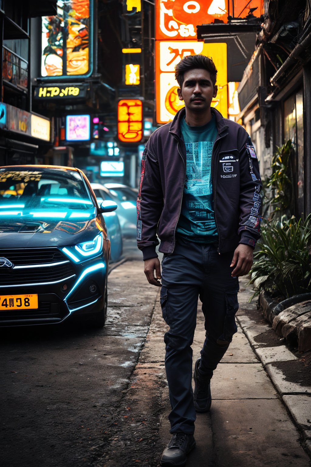 25 years old man , cyberpunk, neon, black hair, 1man, facial hair, beard, jacket, male focus, outdoors, day, pants, orange  facial hair, headphones, ground vehicle, building, motor vehicle, beard, realistic, hands in pockets, car, road, street,yellow eyes,30 yo man ,25 years old man 