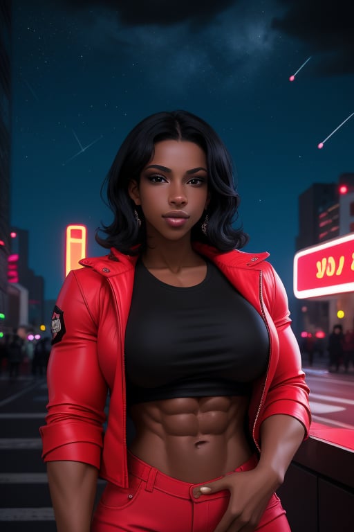 Yvette Bova, a beautiful woman, dark-skinned female, black hair, black eyes, muscular body, big breasts, ripped abs, muscular arms. Wears a red jacket, black t-shirt. In the background at night city, night sky, neon lights. Yvette Bova,sciamano240,Color Booster