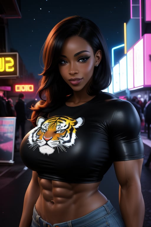 A close-up Yvette Bova, a strong woman, 36 years old, dark-skinned female, black hair, black eyes, muscular body, muscular female,  big breasts, ripped abs, muscular arms, wide hips. Wears a tiger print jacket, black and red t-shirt. In the background at night city, night sky, neon lights. Yvette Bova,sciamano240,Color Booster