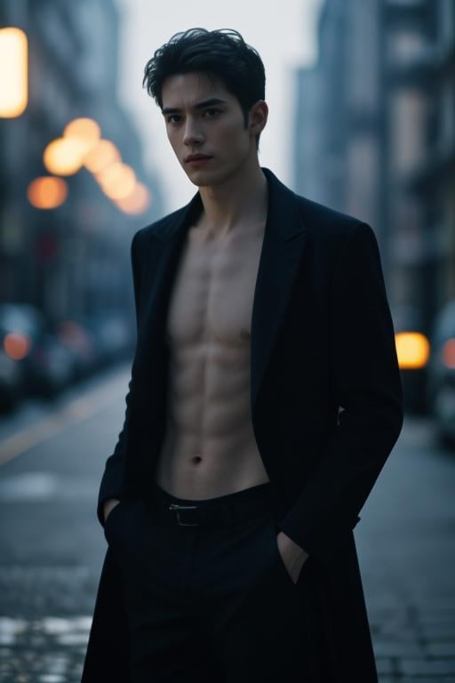 (cinematic photo),(. 35mm photograph),film,bokeh,professional,4k,highly detailed,1boy,40-year-old male,male focus,solo,topless,pants,open_coat,Cinematic Shot,cinematic lighting,<lora:LCM-SD1.5:1>,<lora:weight_slider_v2:-0.2>,<lora:muscle_slider_v1:-0.21>,