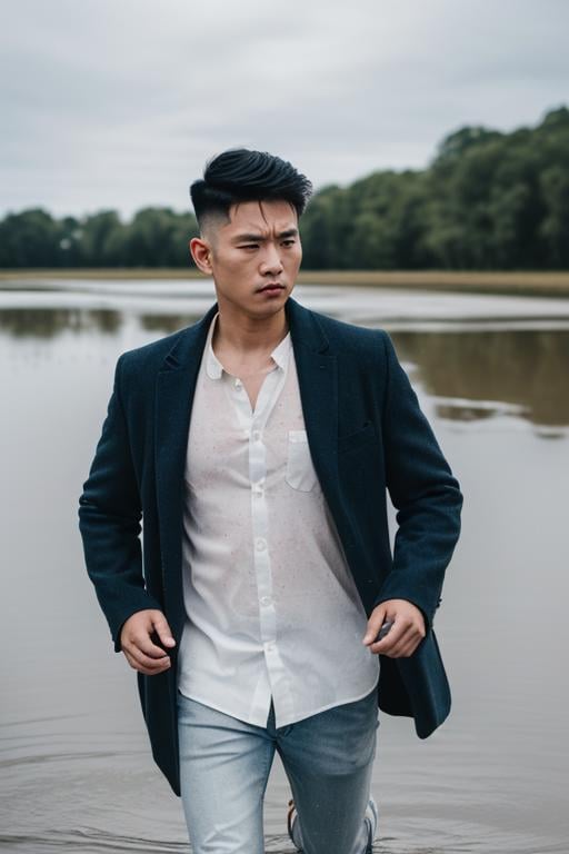 (masterpiece:1.35),(bestquality:1.4),8k,ultra-detailed,photography,(ultra-realistic:1.4),film grain,Fujifilm XT3,1boy,adult,(slim Asian male:1.45),solo,male focus,shirt,open coat,pants,simple background,(High Fade Haircut,Angry,walking on liquid:1.45),